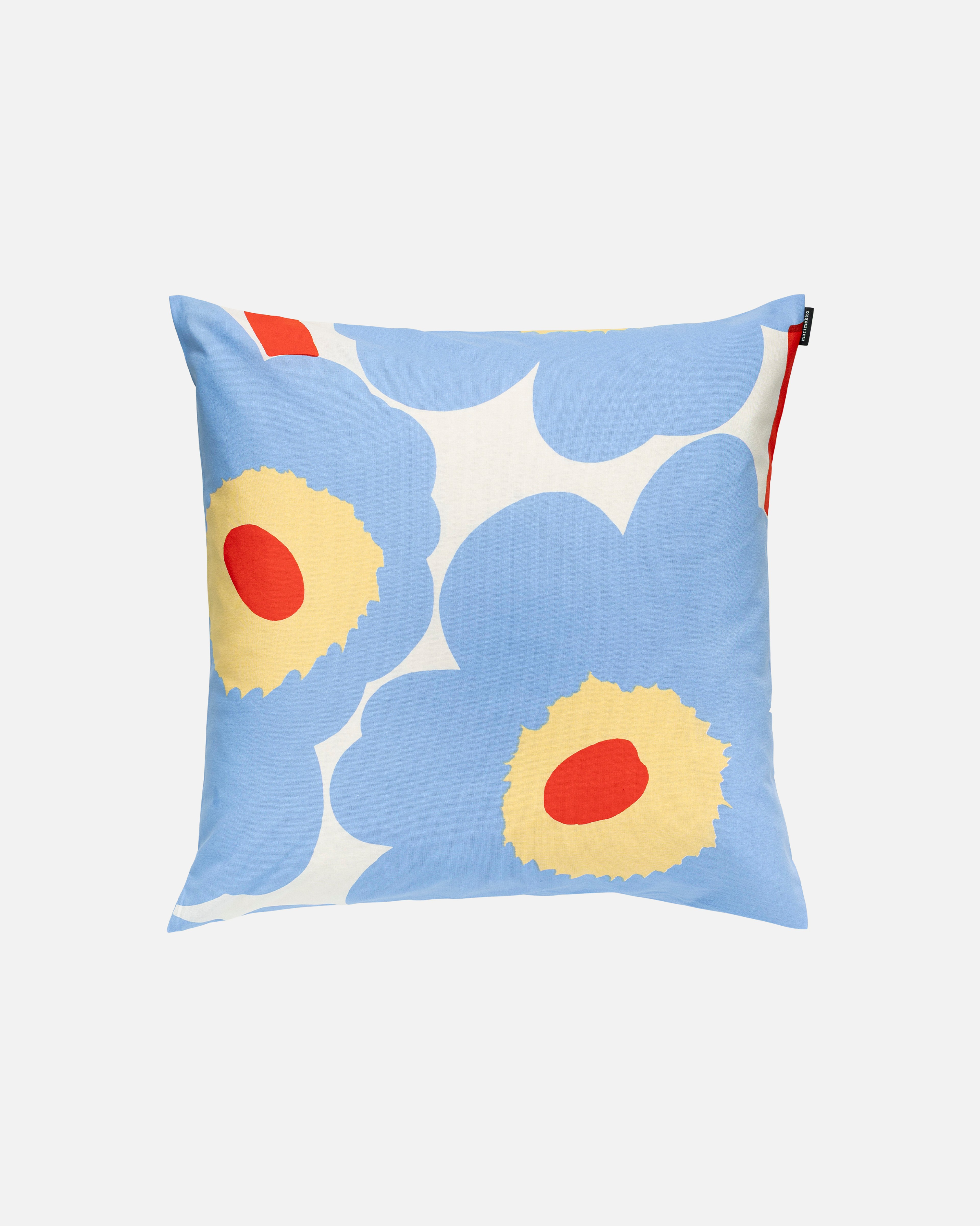 Unikko, Housse de coussin 50 x 50 cm, blanc, bleu clair, rouge orangé, melon,