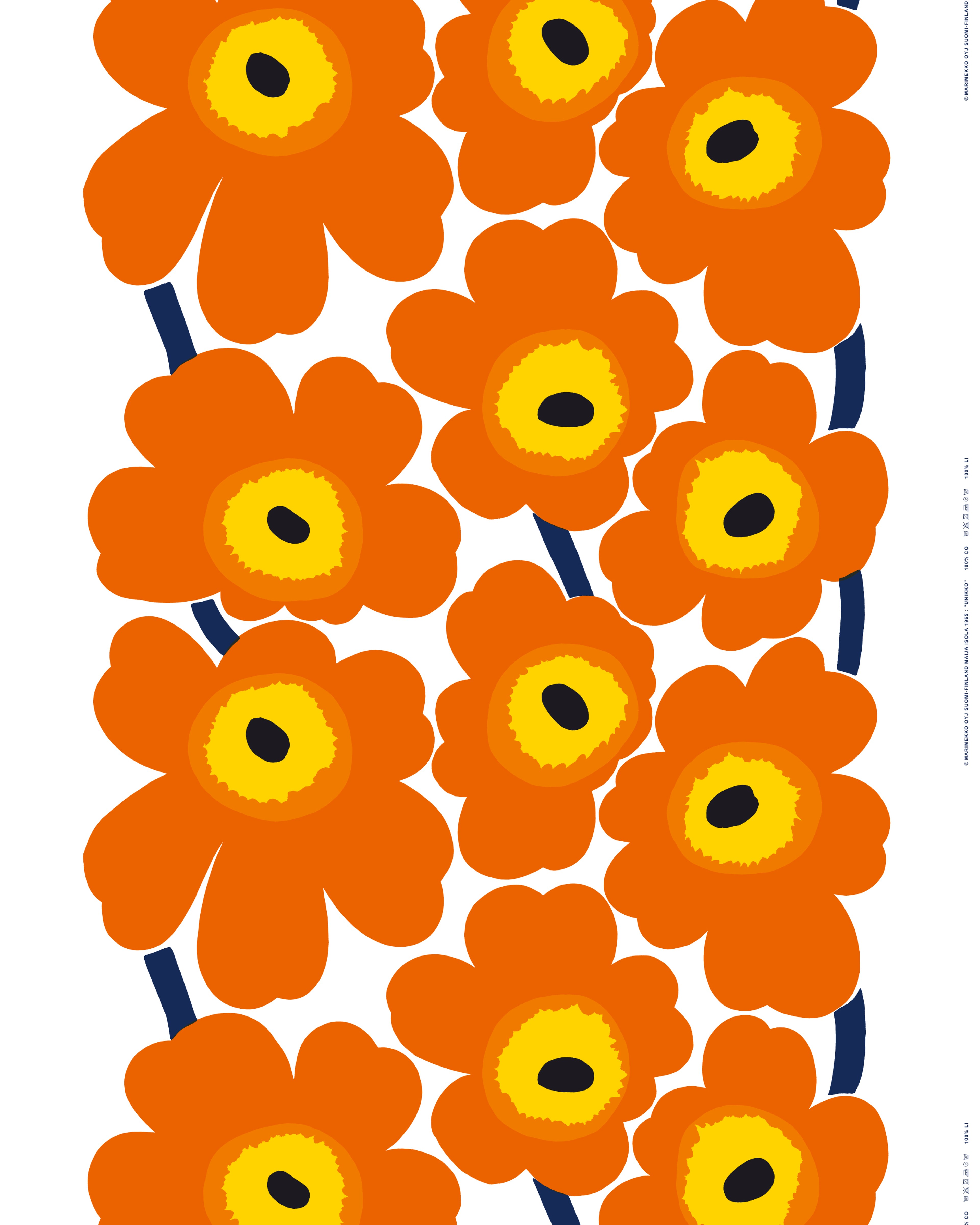 Unikko, Cotton fabric, white, orange, d.blue,