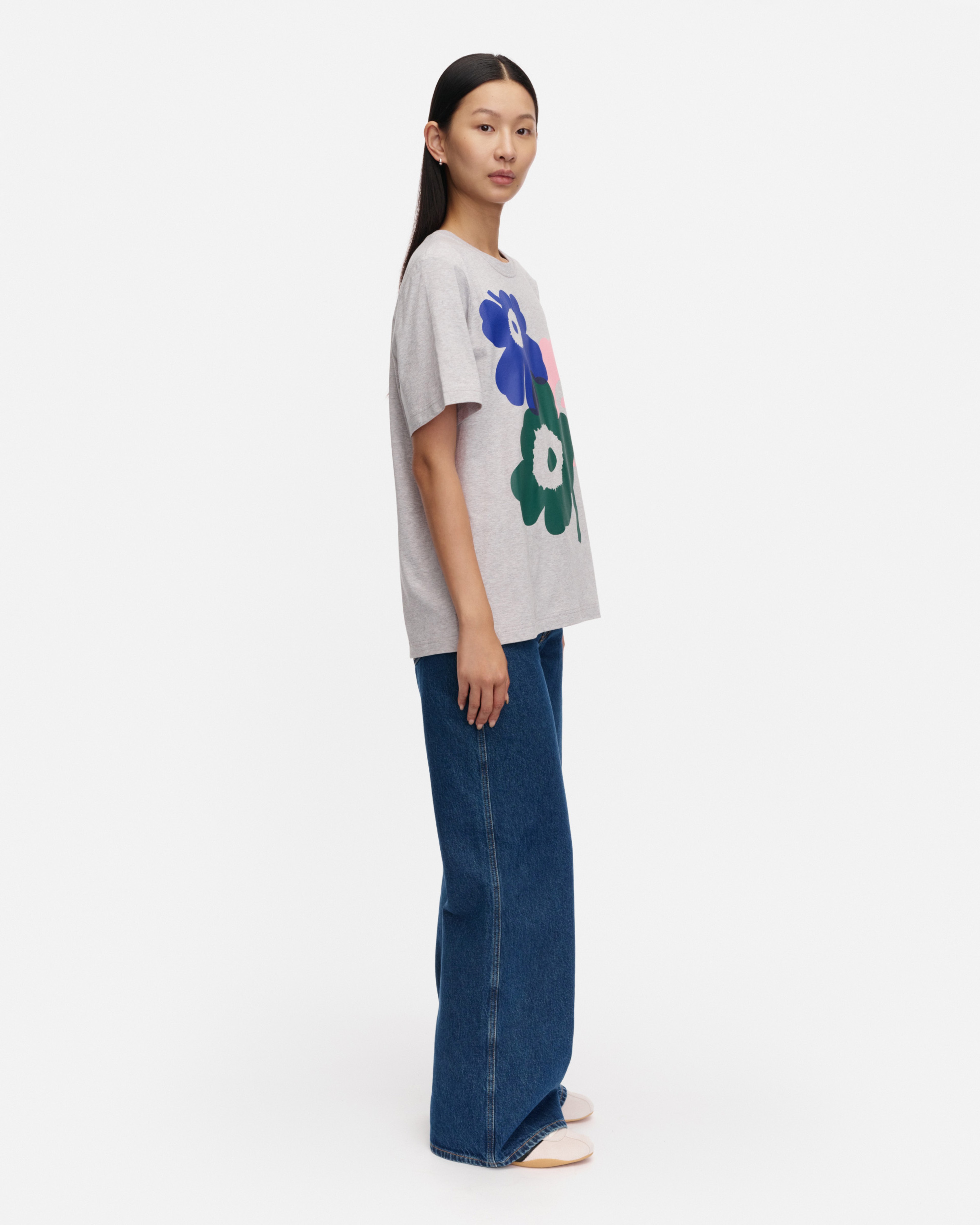Embla Unikko placement, Kioski t-shirt, grey mel., d. green, l. pink,