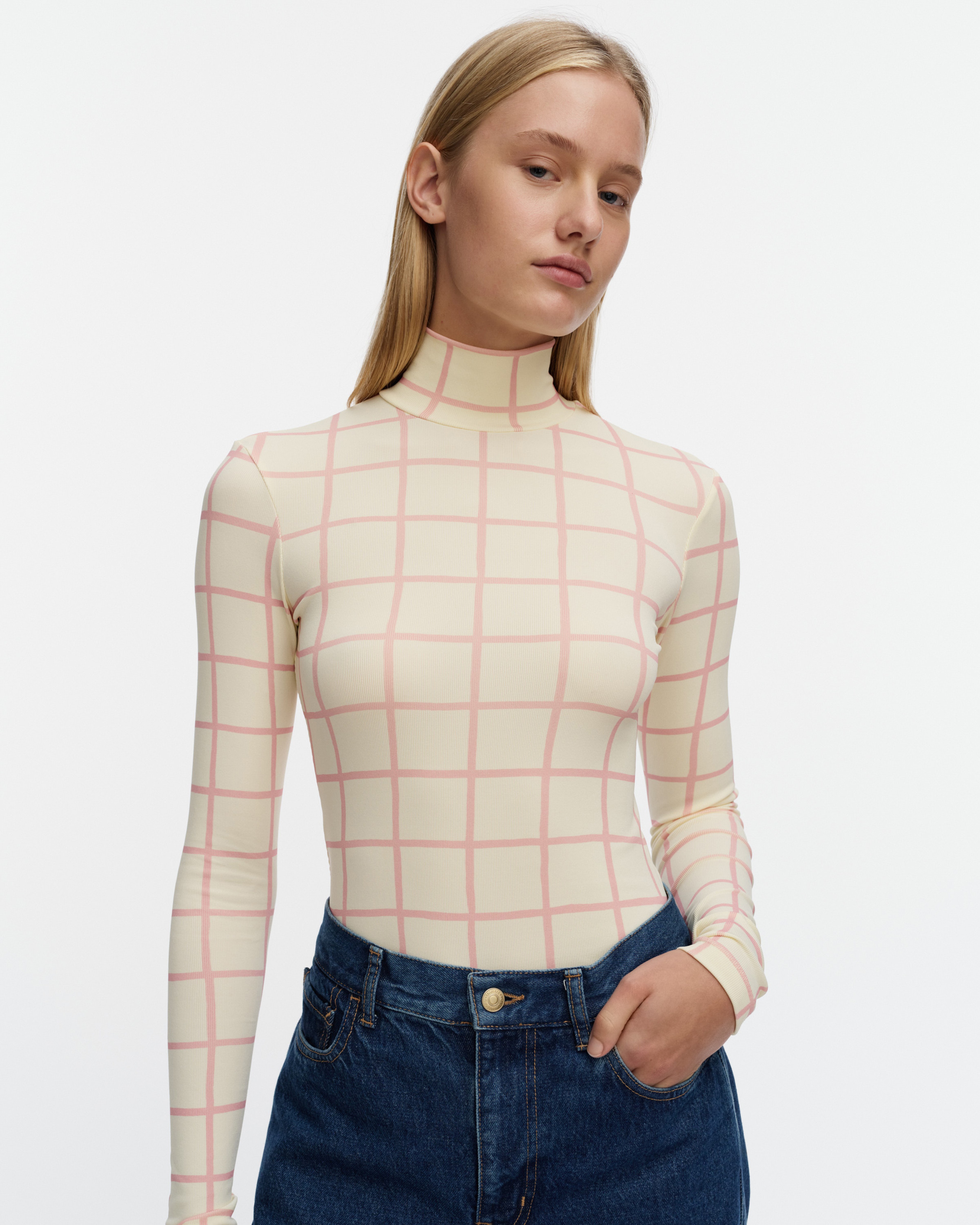 Solmia Iso Ruutu, Turtleneck shirt, light yellow, light pink,