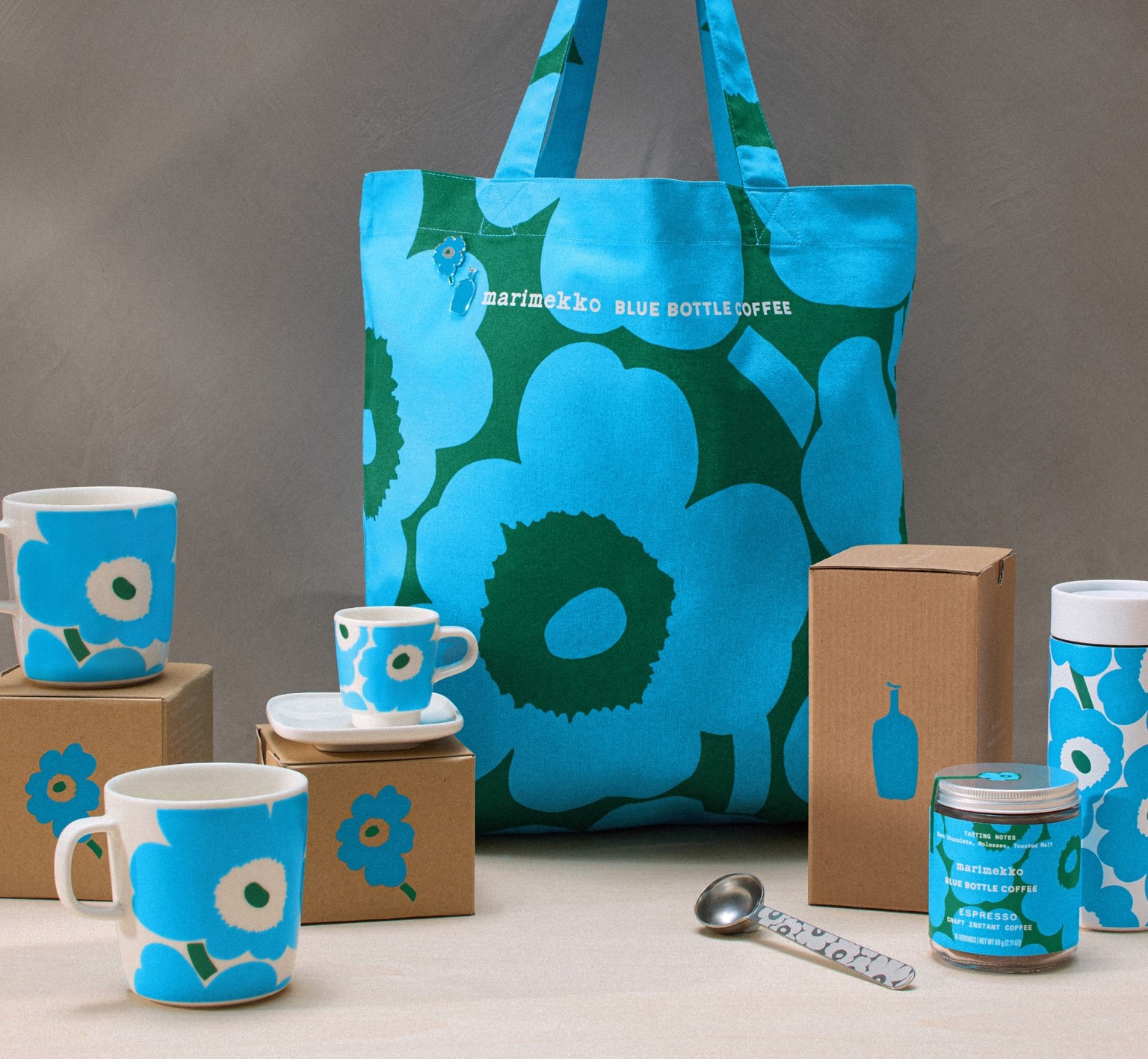 Marimekko x Blue Bottle Café tote bag and mugs.