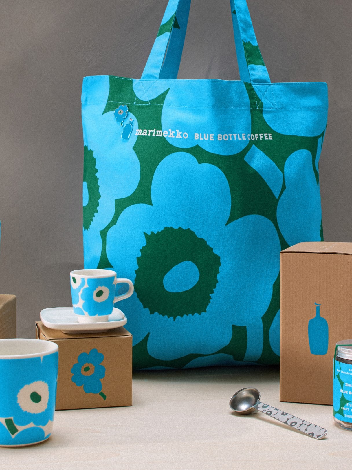 Marimekko x Blue Bottle Café tote bag and mugs.