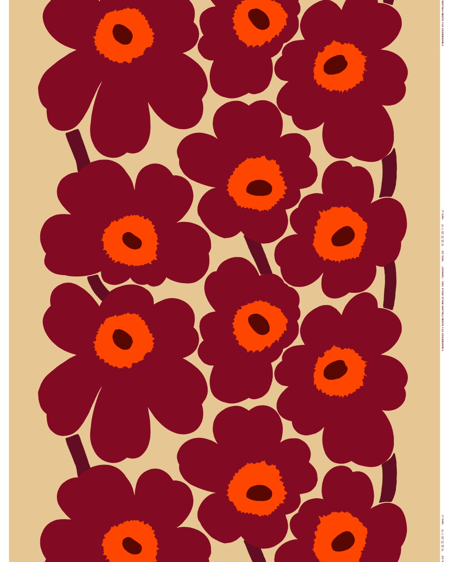 Unikko, Linen fabric, vanilla, wine red, red,