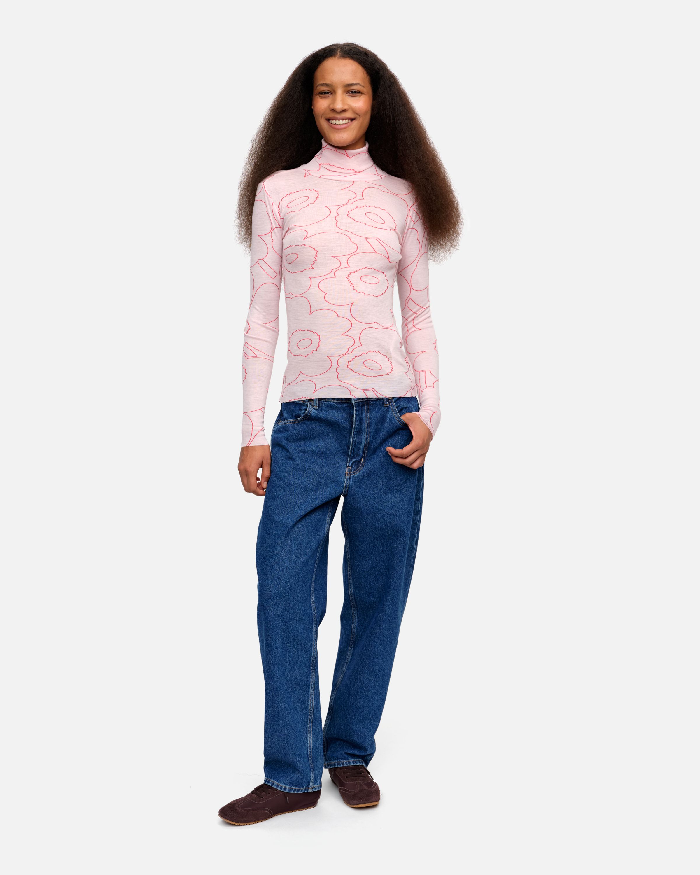 Vilina Piirto Unikko Wool turtleneck shirt light pink, red | Marimekko