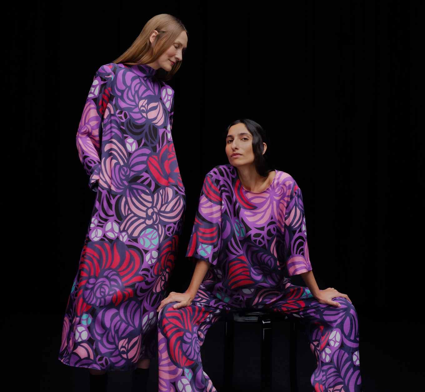 Models wearing clothes in Torstai print.