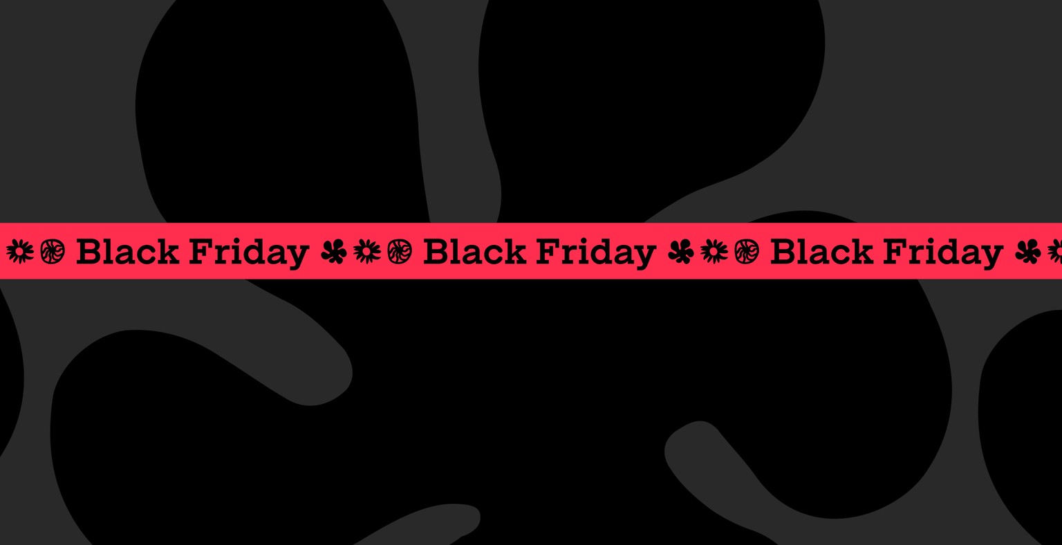 Black patterned base with pink stripe with repeating Black Friday text.