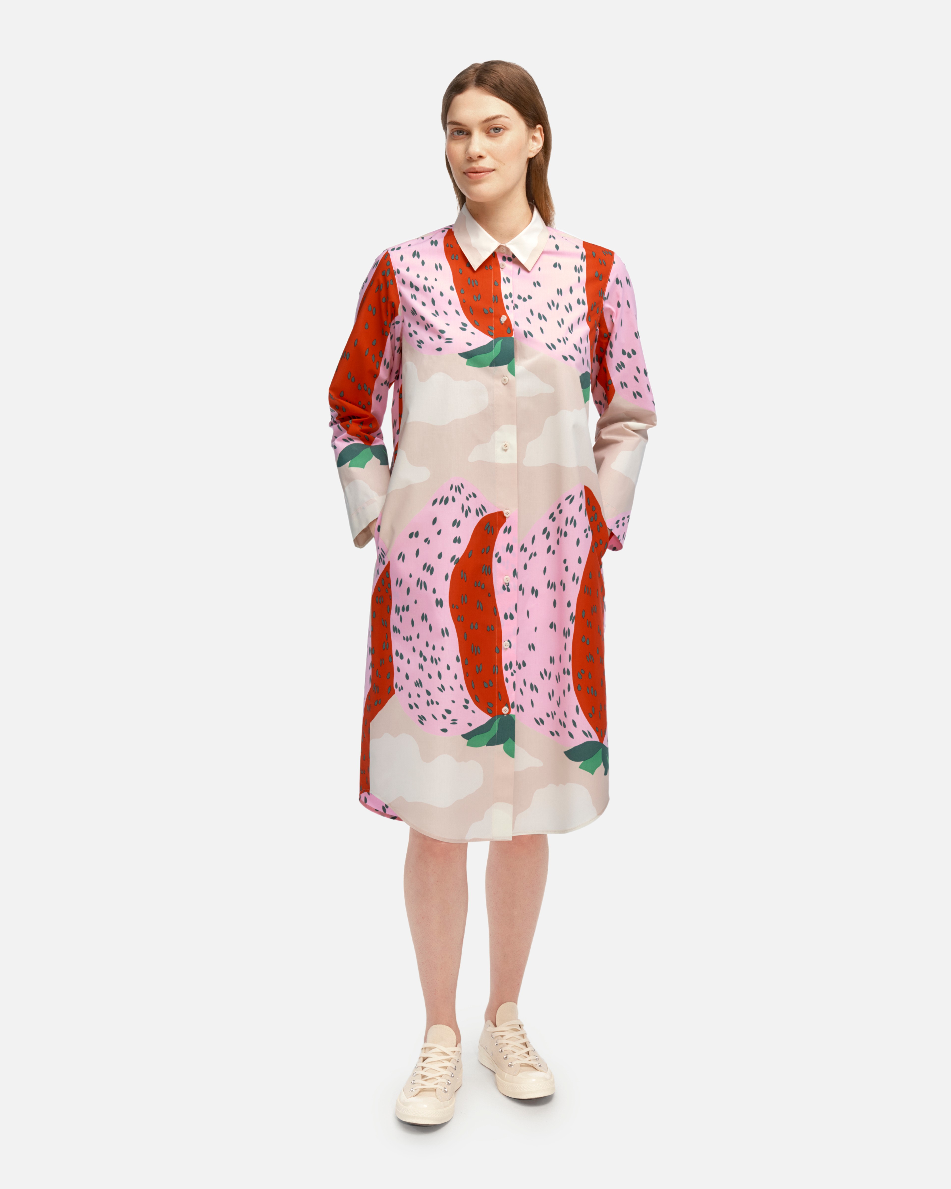 Minta Mansikkavuoret, Cotton poplin dress, peach, light pink, green,