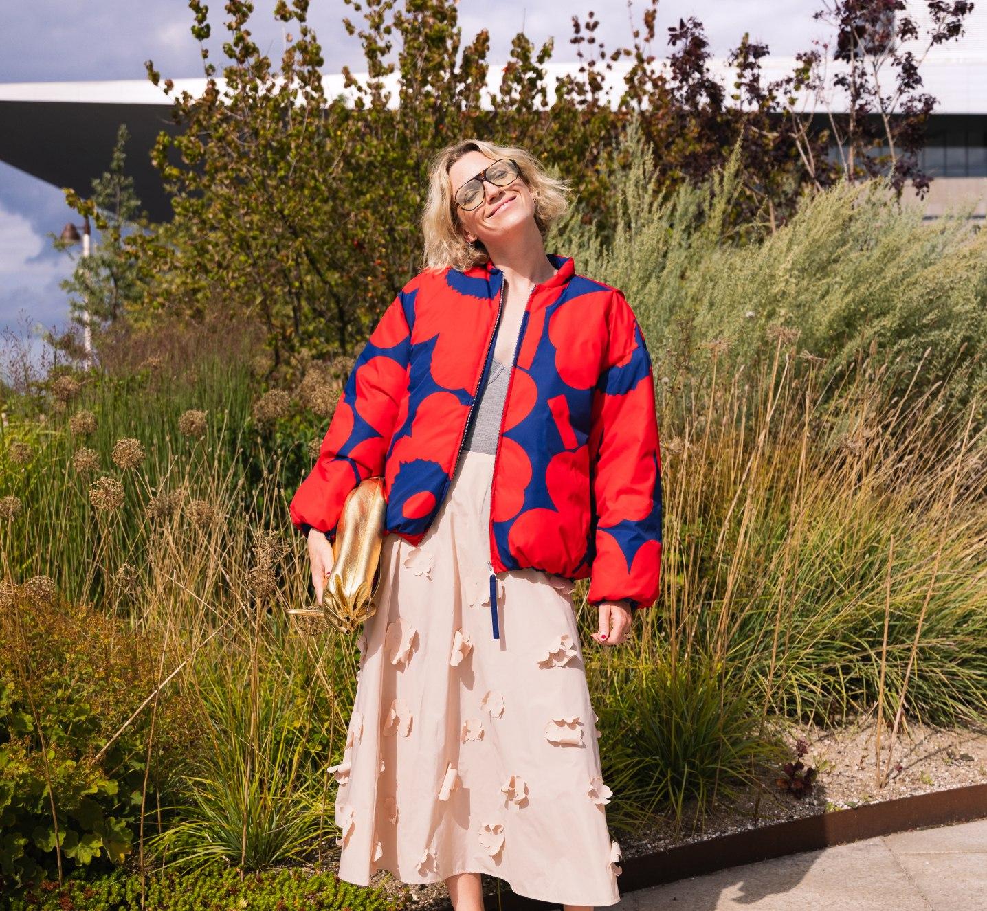 Pernille Rosenkilde wearing Marimekko jacket in Unikko pattern and light pink skirt
