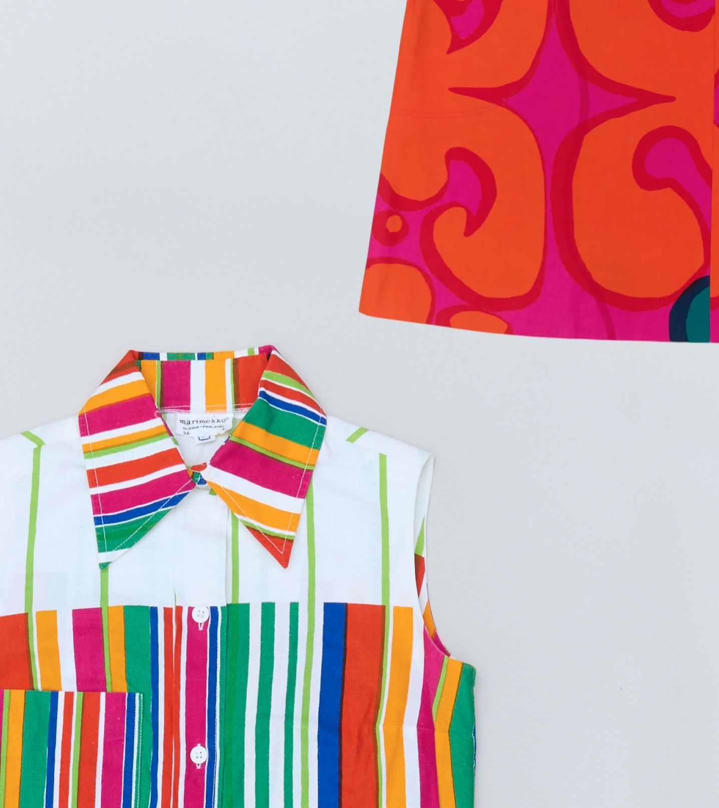 An image where you can see a hem of a dress in red and orange Keidas print and top of a dress in multi coloured Kirjo print.