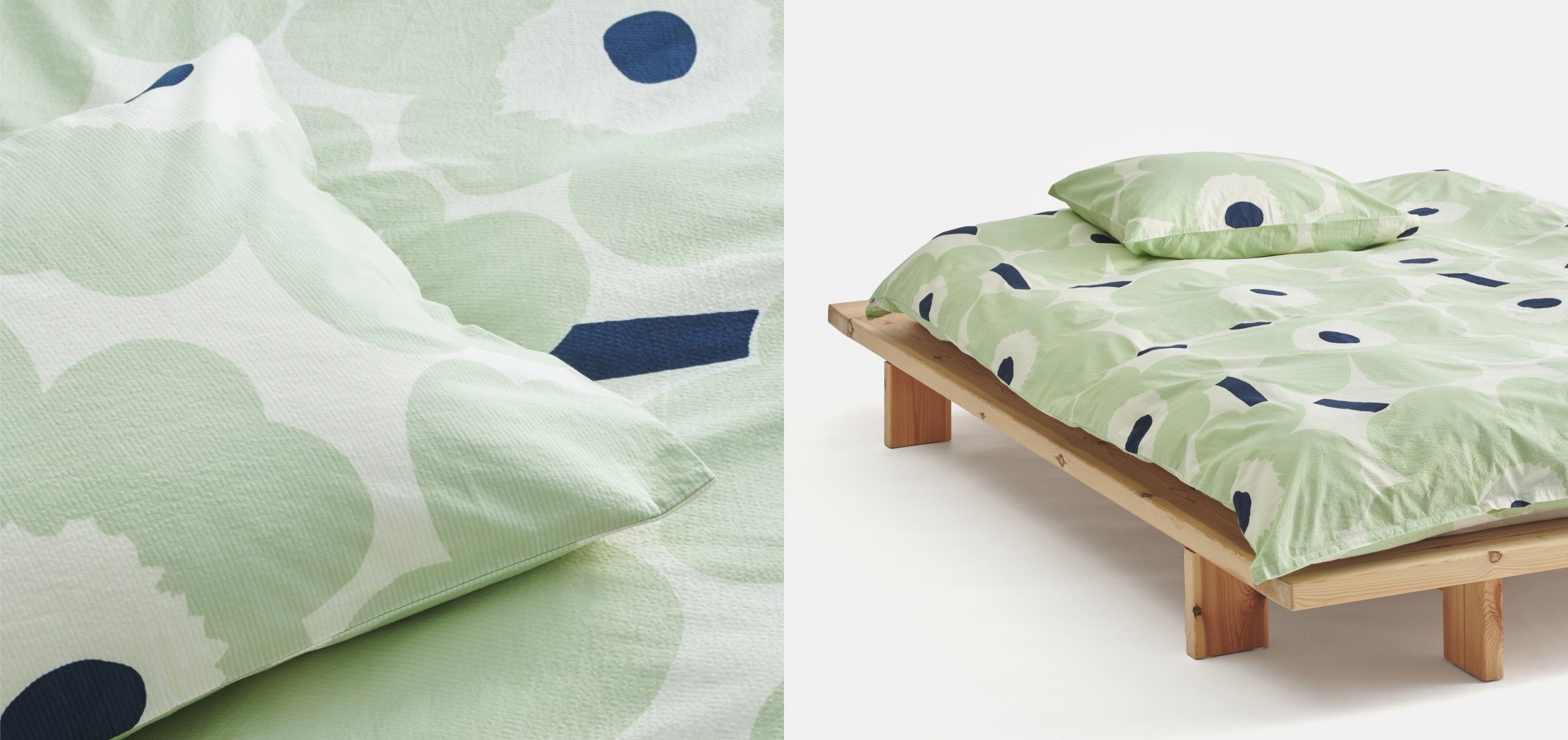 Light green sheets with Unikko print.