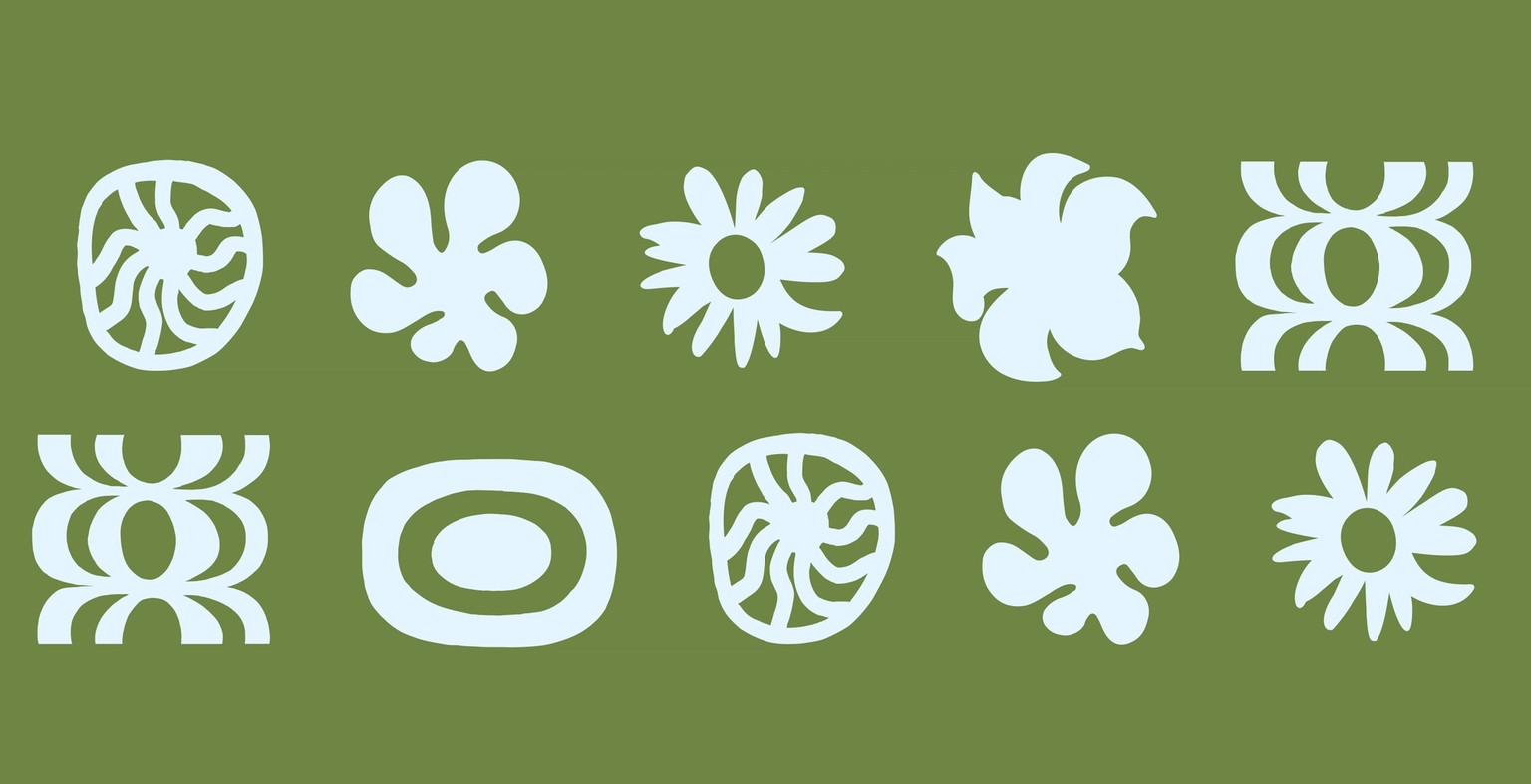 Marimekko Outlet sale print with green background and blue icons.