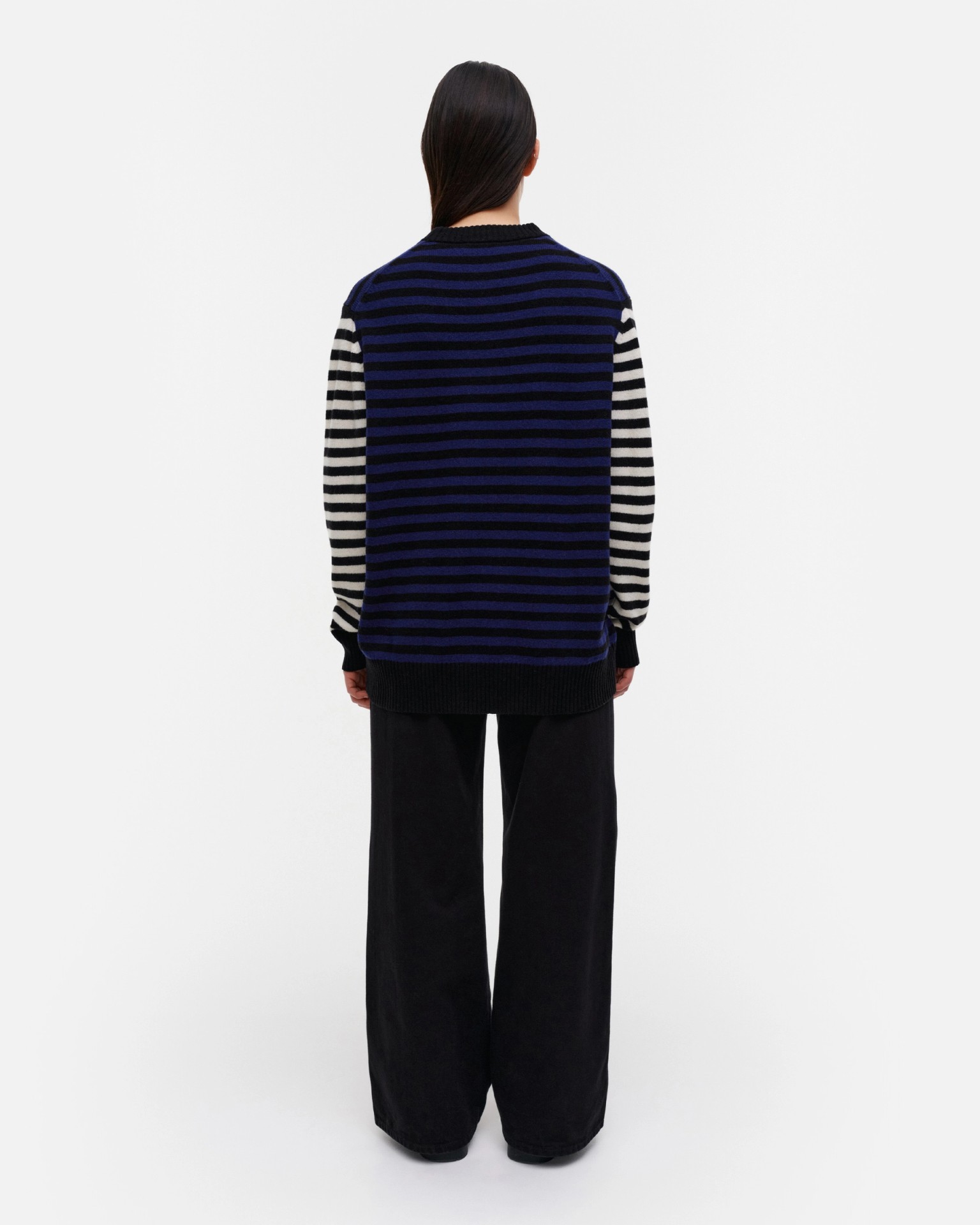 Pehmyt Tasaraita, Kioski wool jumper, black, blue, white,
