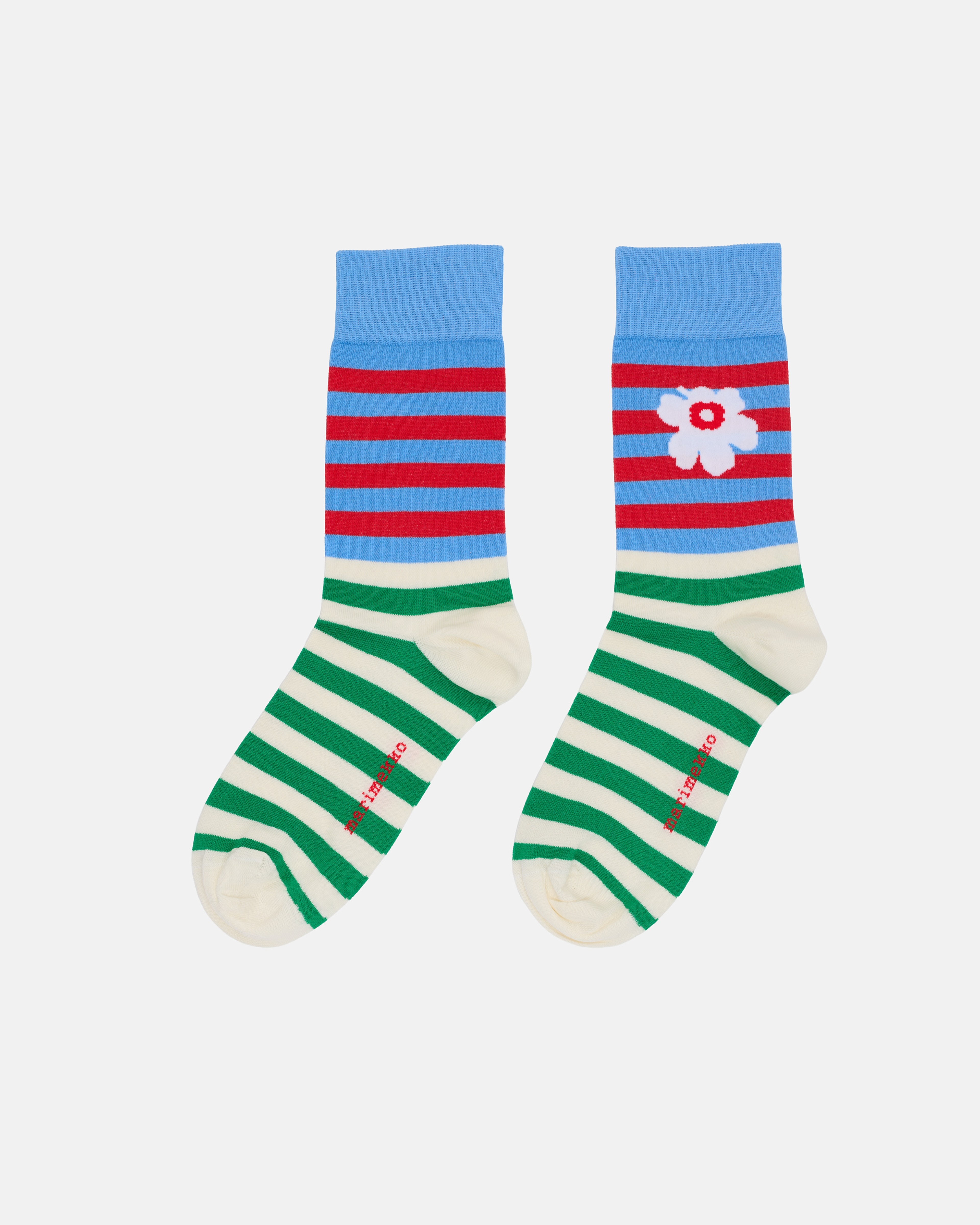 Kasvaa Tasaraita Unikko Two, Socks, blue, red, off white, green,