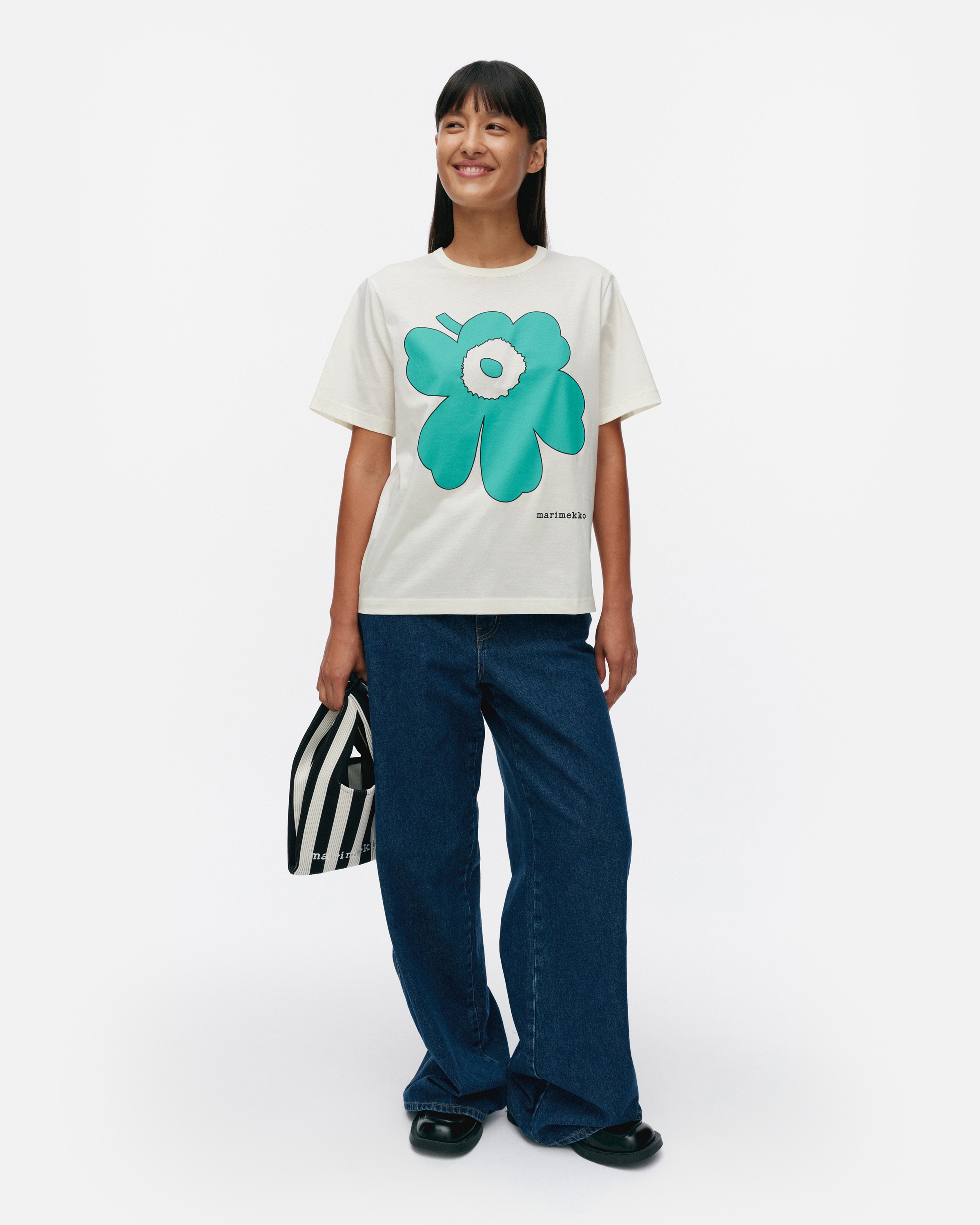 Jakso Piirto Unikko Placement, T-Shirt „Kioski“, Cremeweiß, Türkis, Schwarz,