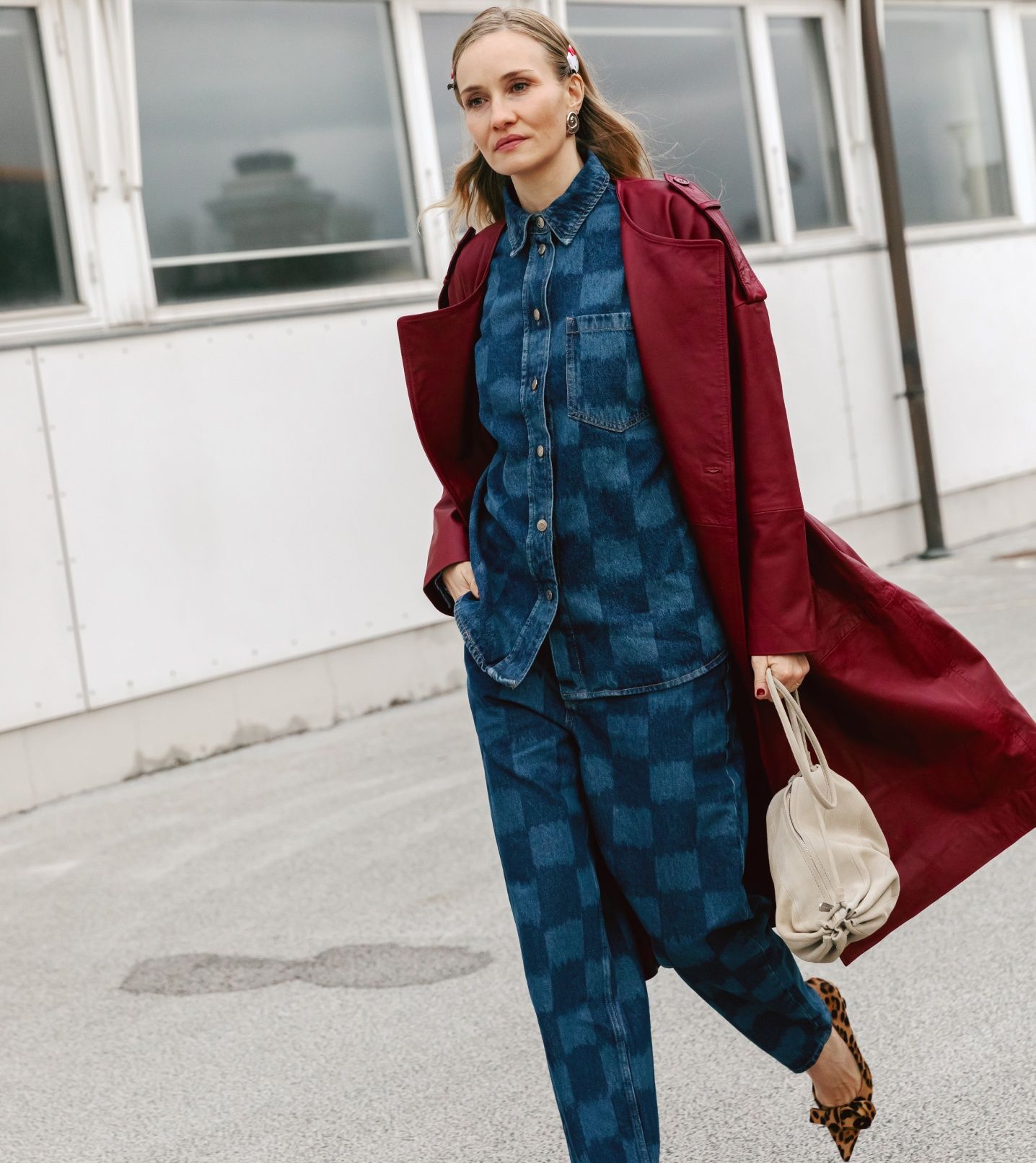 Hanni Gohr dressed in a checkered denim outfit by Marimekko.