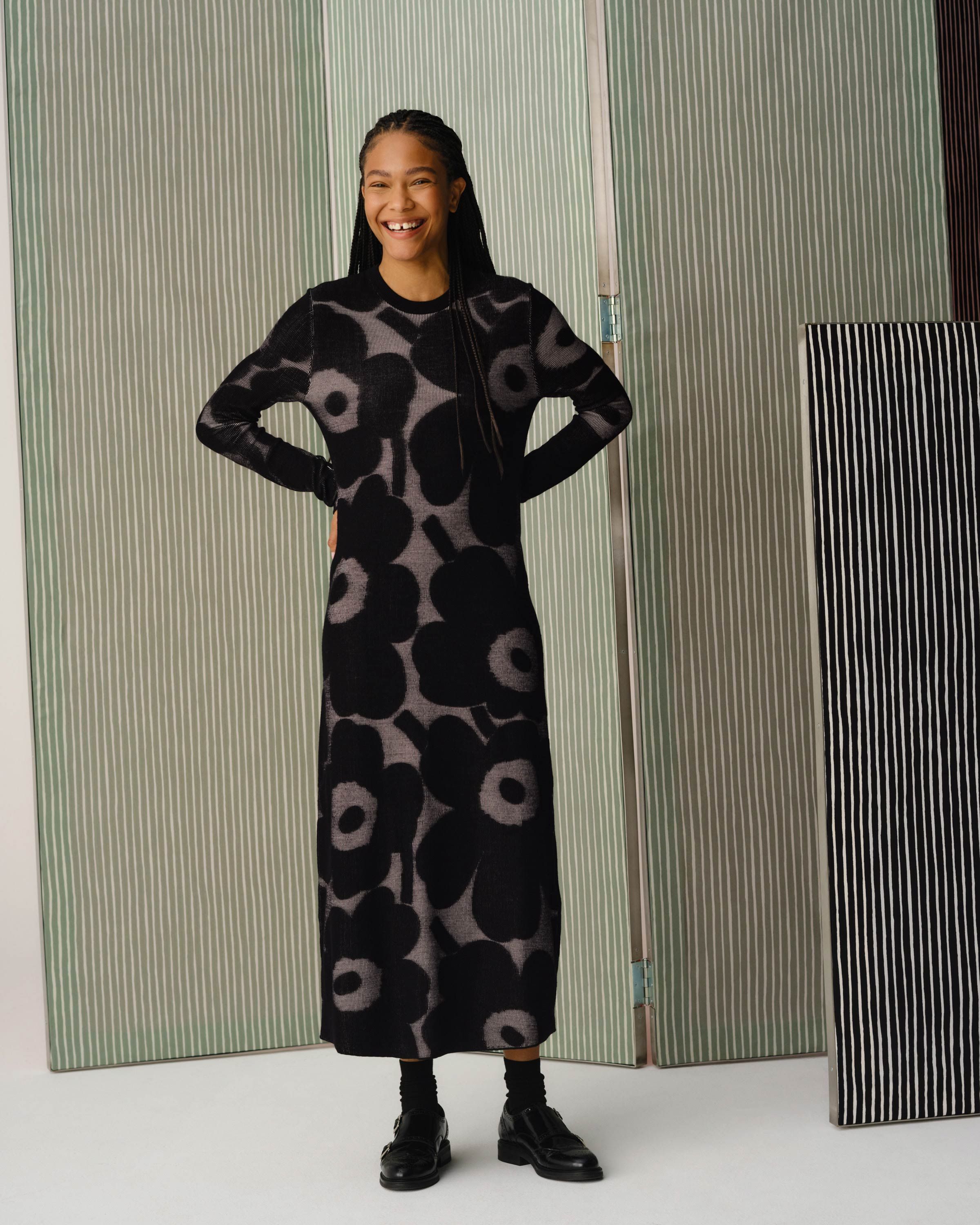 Model wearing Laatia dress in Unikko print.