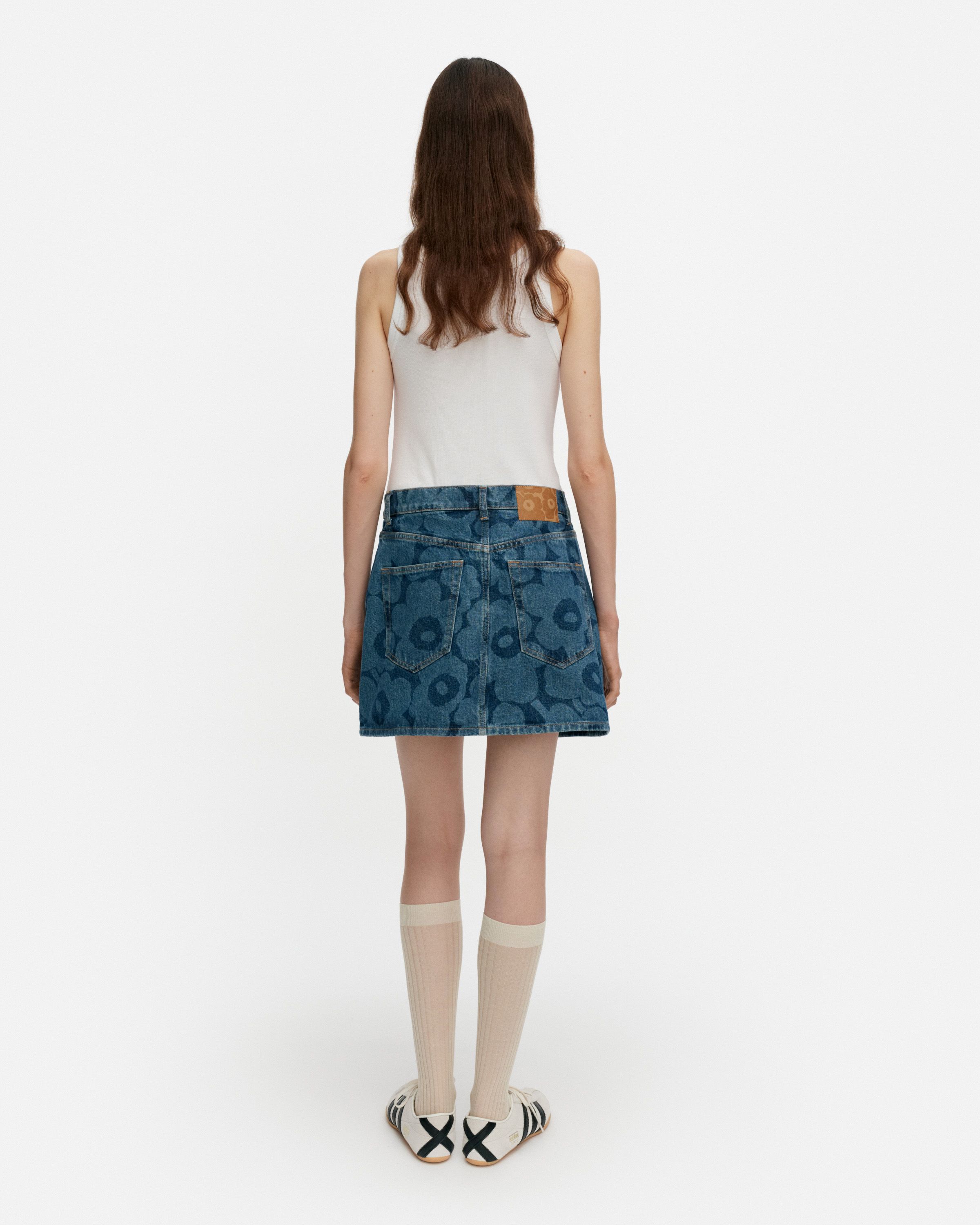 Maridenim Ruudut Unikko Denim skirt mid indigo | Marimekko