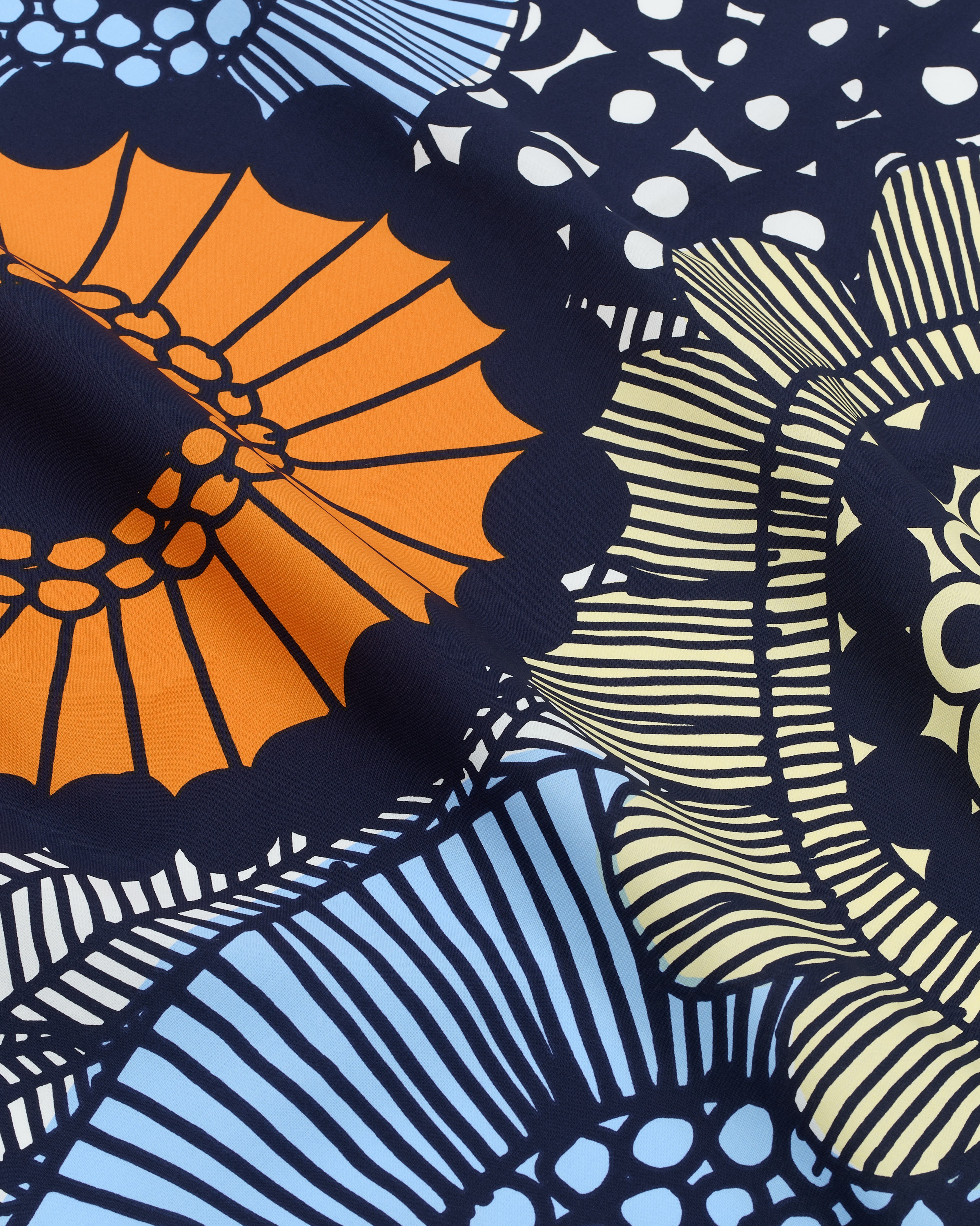 Siirtolapuutarha, Cotton fabric, white, l.yellow, orange, l.blu,