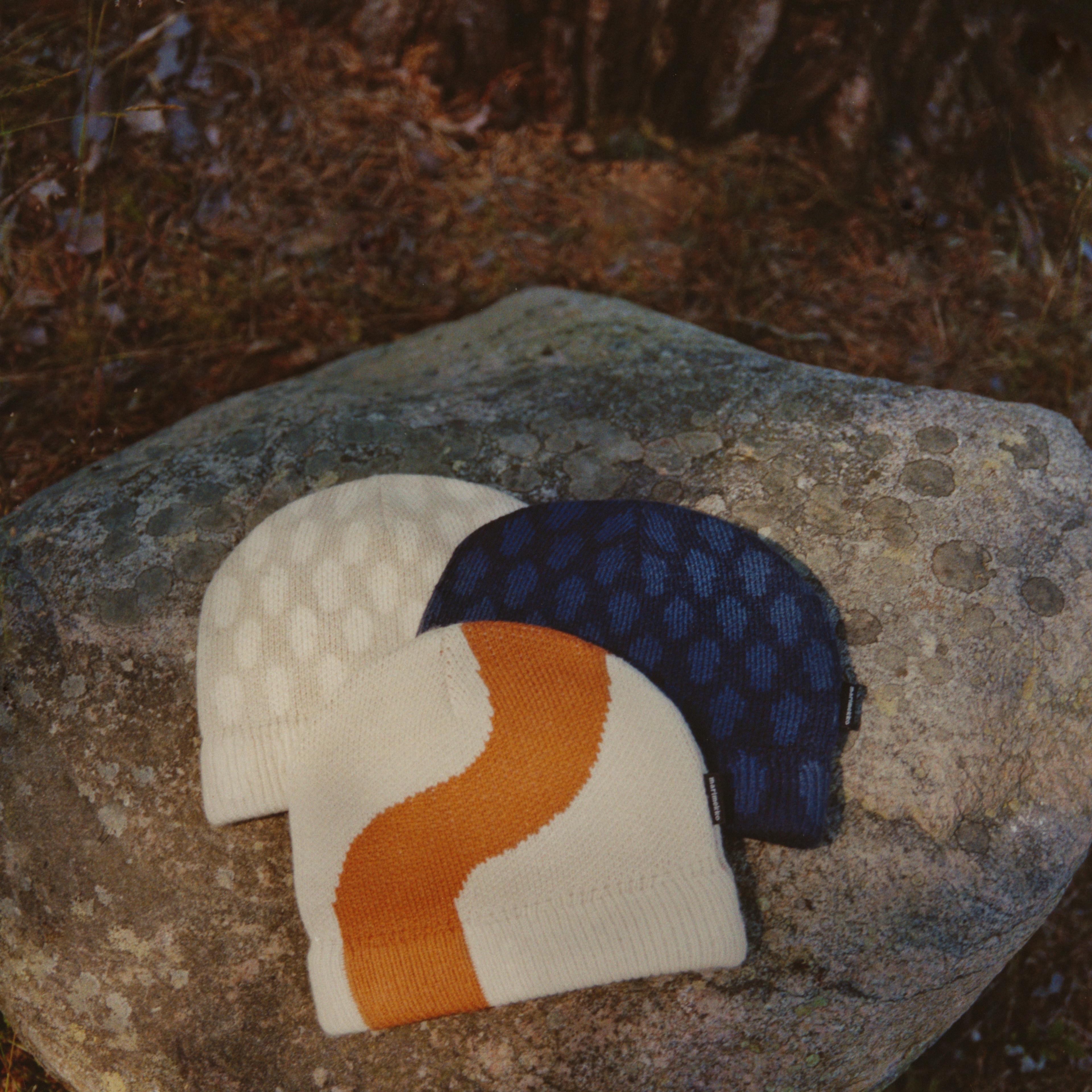 Marimekko Uniqlo beanies in white, blue and printed