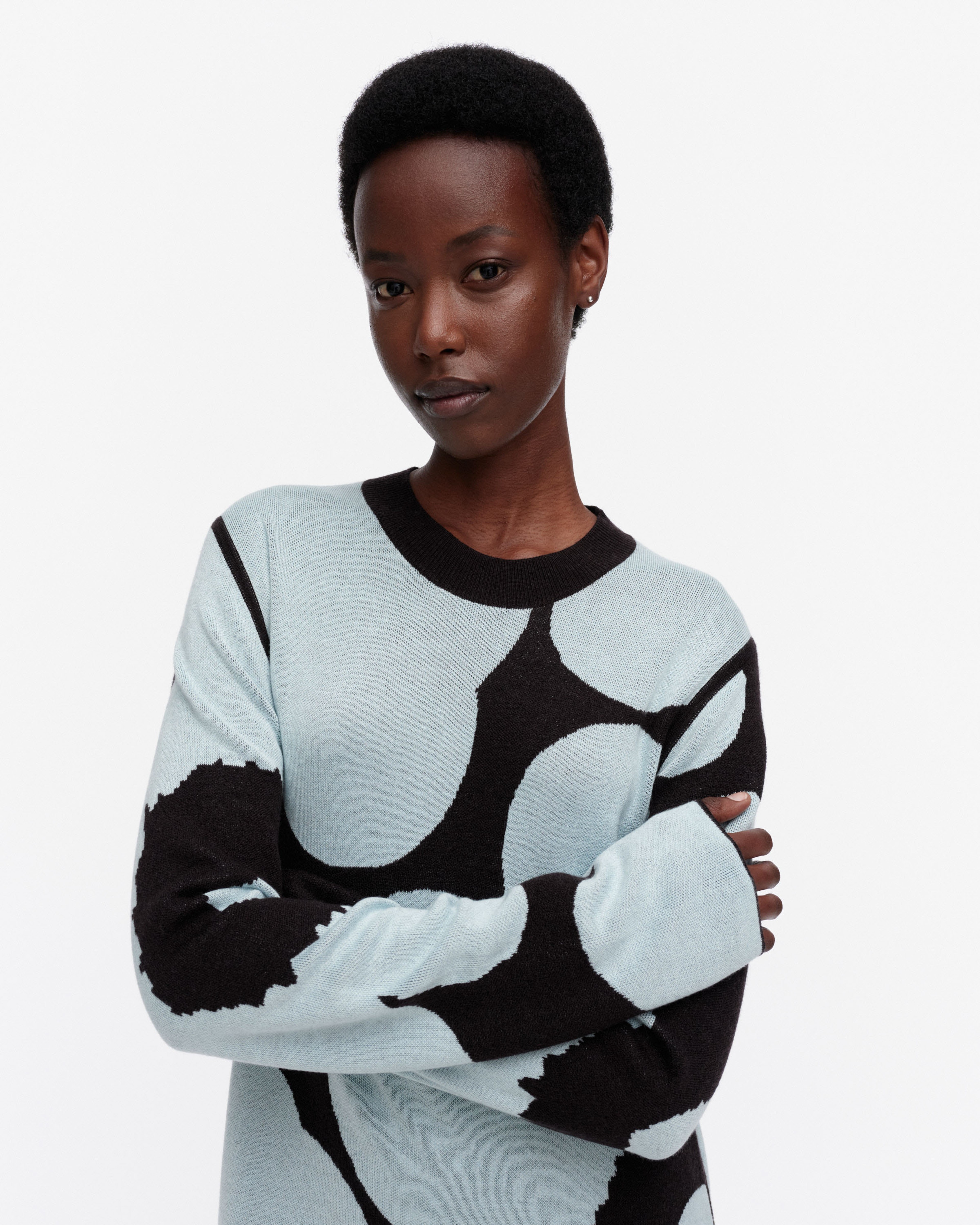 Ennallaan Unikko, Knitted dress, dark brown, light blue,