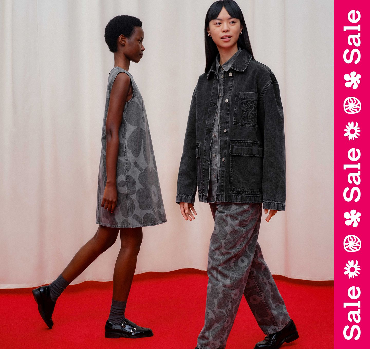 Gray Maridenim dress, jeans, shirt and jacket with sale written on the side.