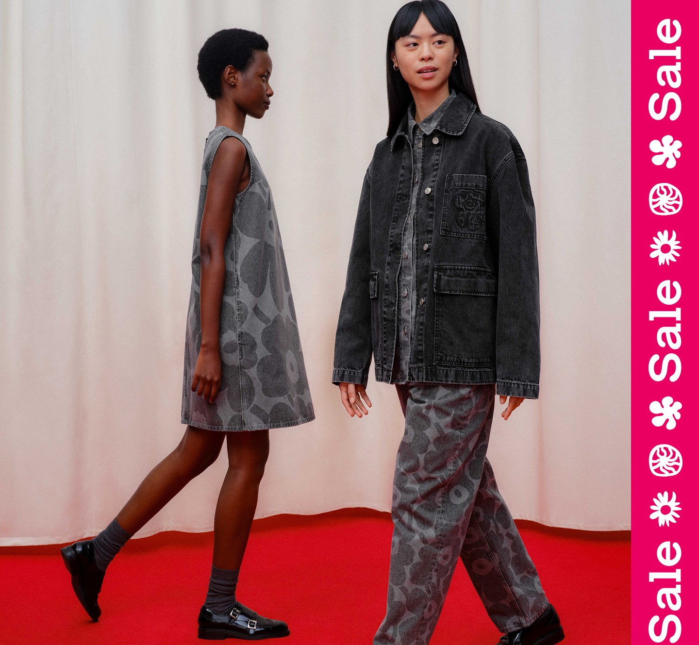 Gray Maridenim dress, jeans, shirt and jacket with sale written on the side.