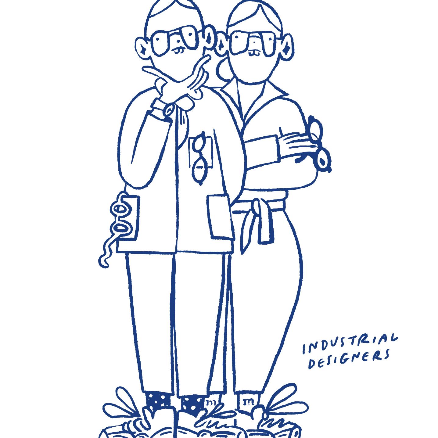 Figure of Industrial designer created by Ulla Donner. Figure has two persons with multiple glasses on, sneakers and Marimekko socks.