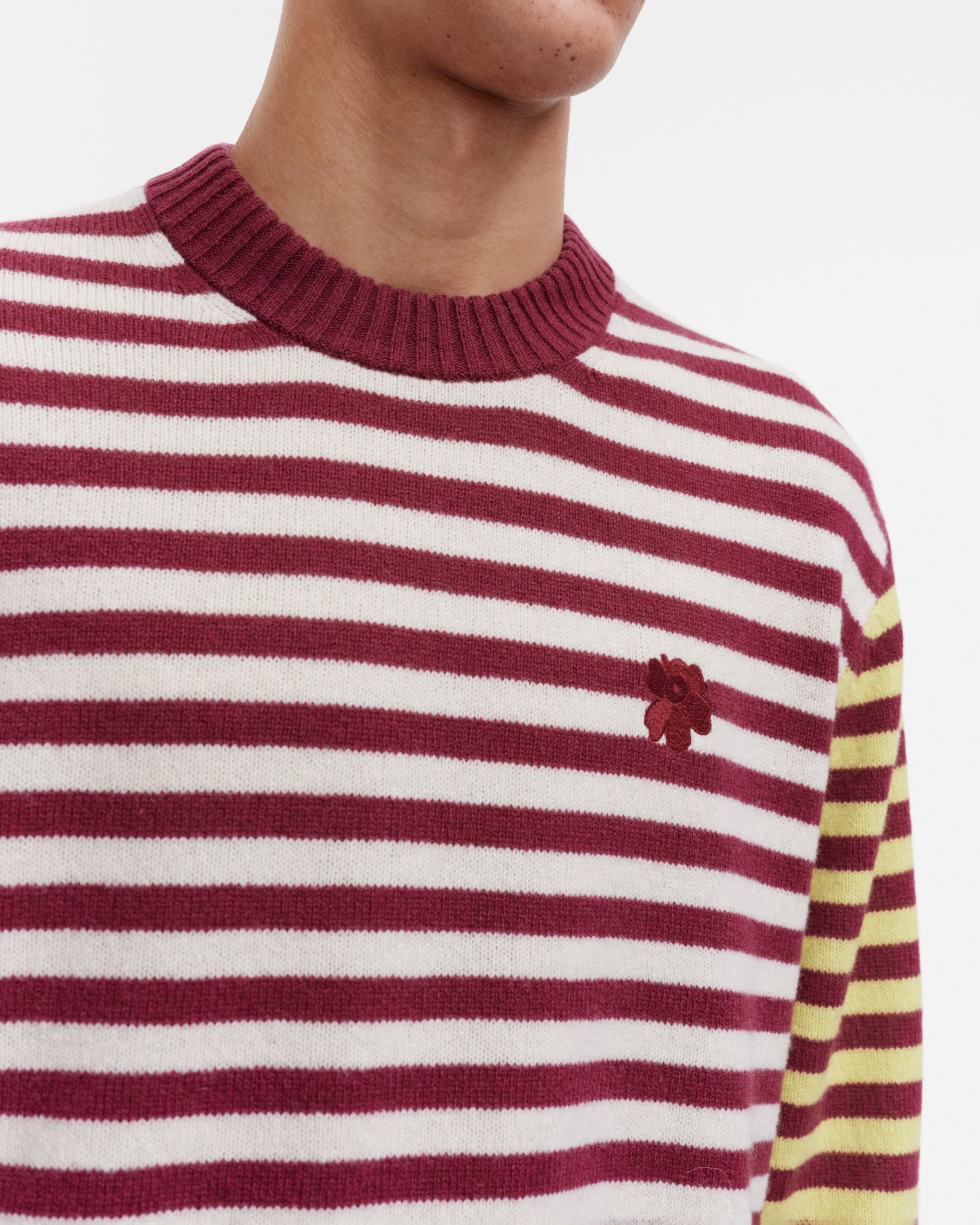 Pehmyt Tasaraita, Kioski wool jumper, wine red, white, yellow,