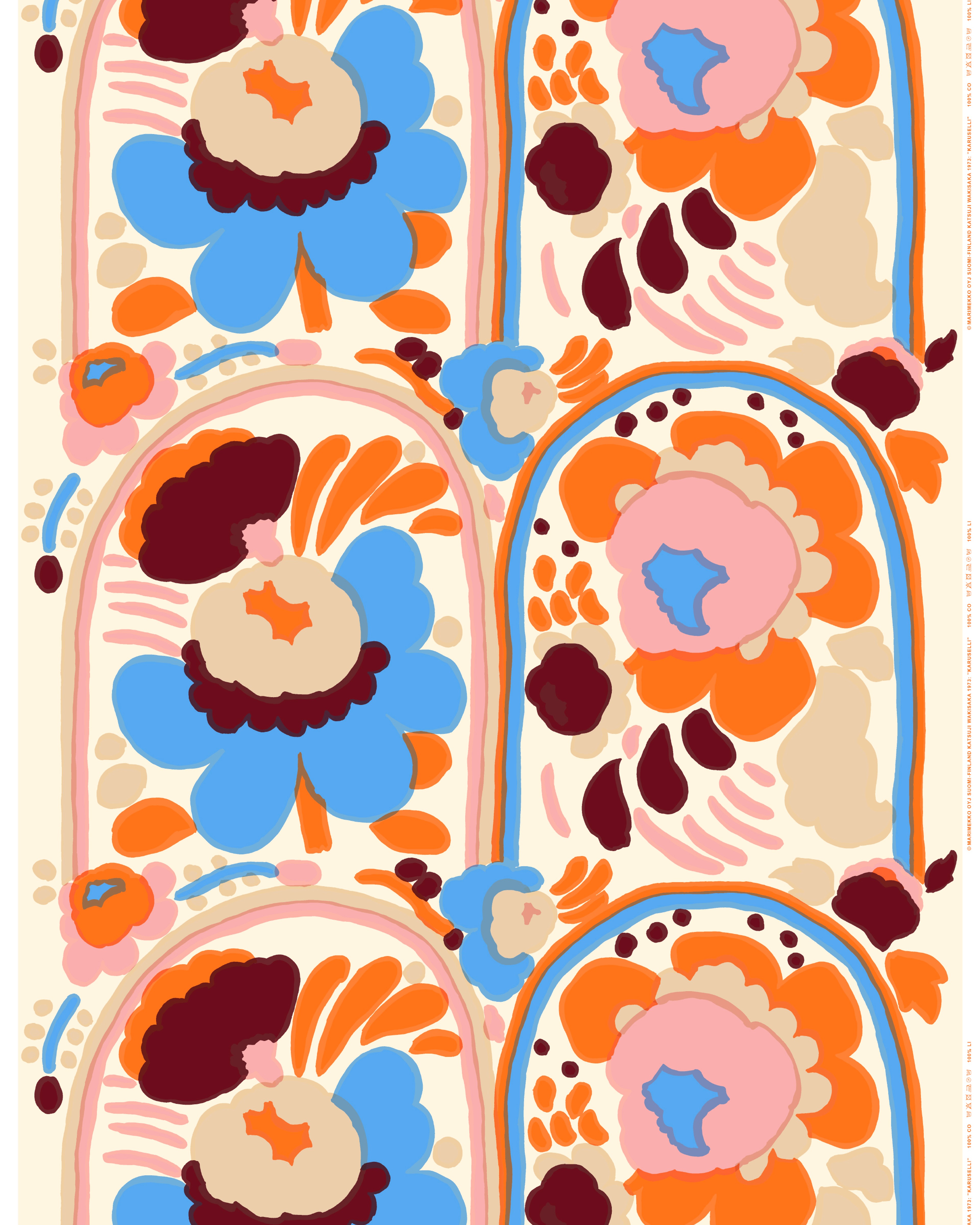 Karuselli, Cotton fabric, nat.white, melon, orange, blue,