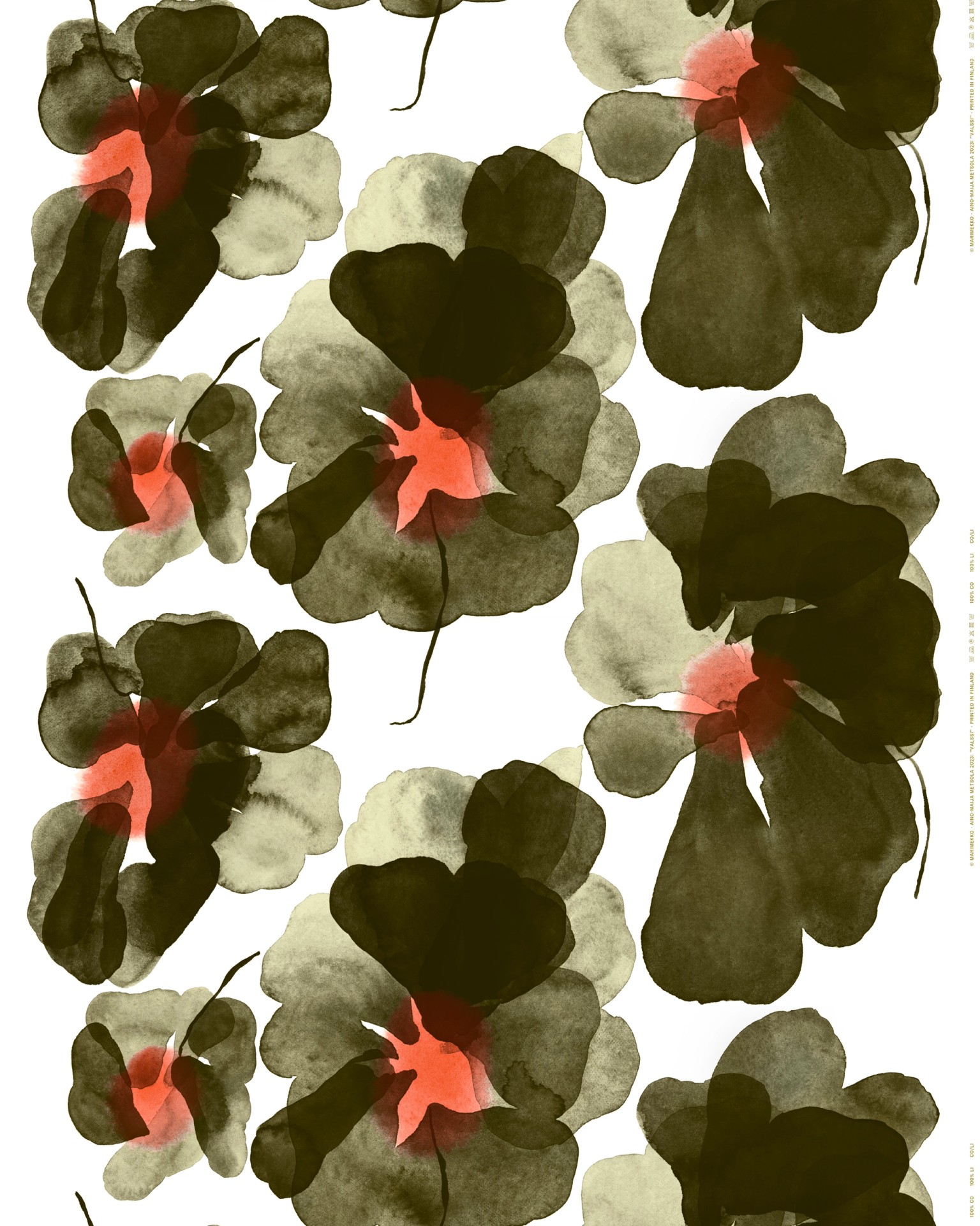 Valssi, Cotton fabric, white, forest green, tomato,