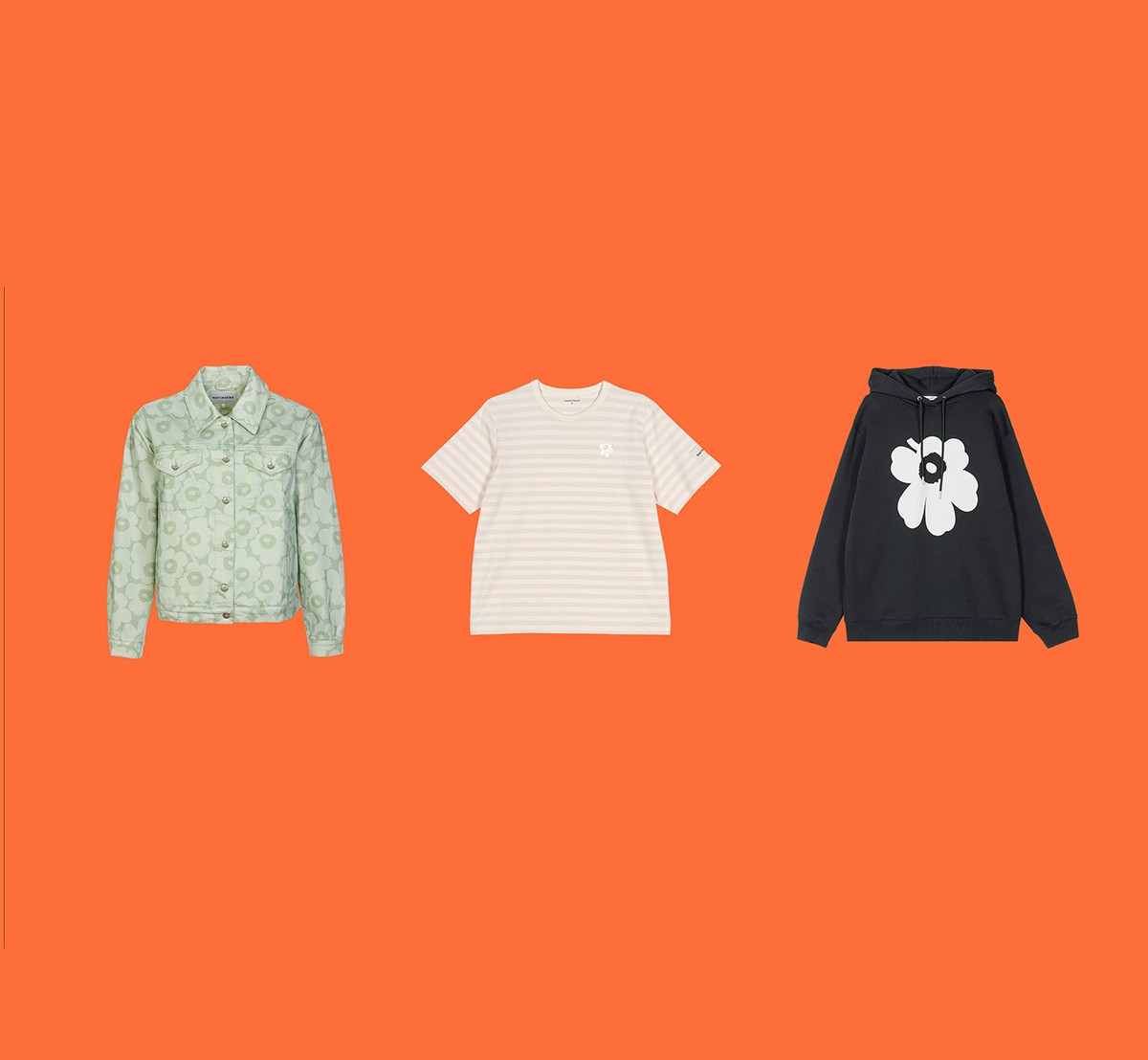 Second hand denim jacket, Tasaraita t-shirt and Runoja hoodie