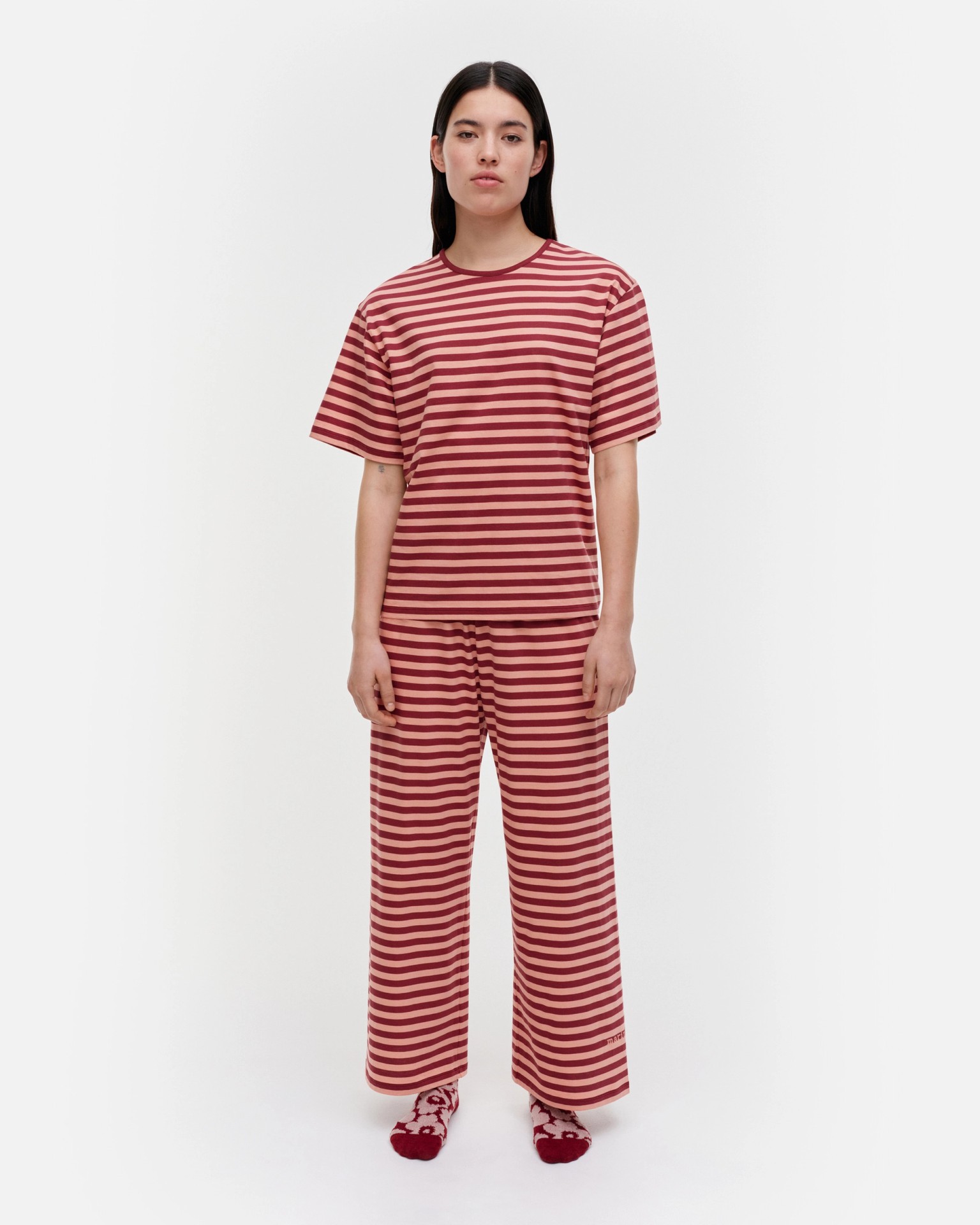 Kioski Raida Tasaraita Light, T-shirt, wine red, peach,