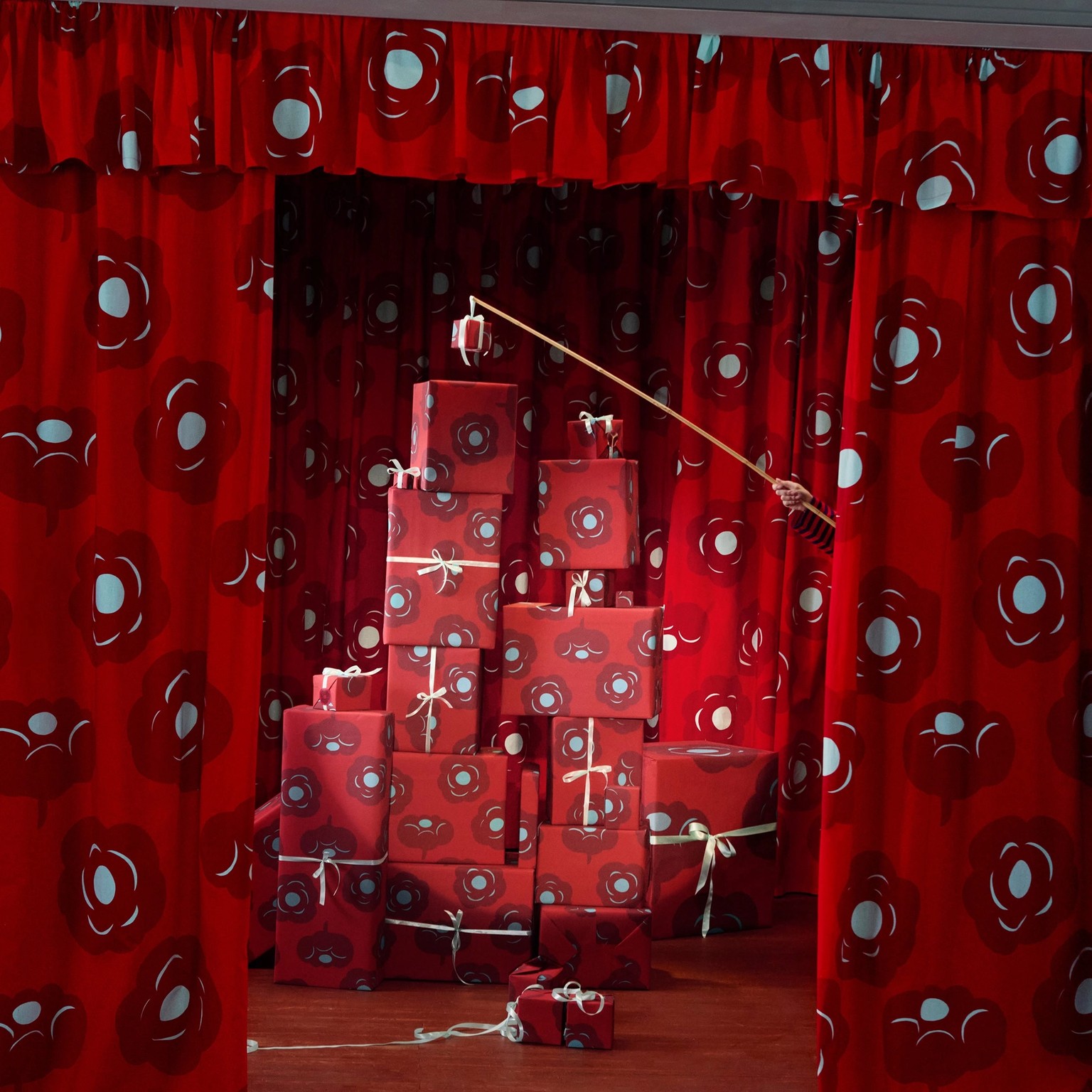 A pile of gifts on a stage