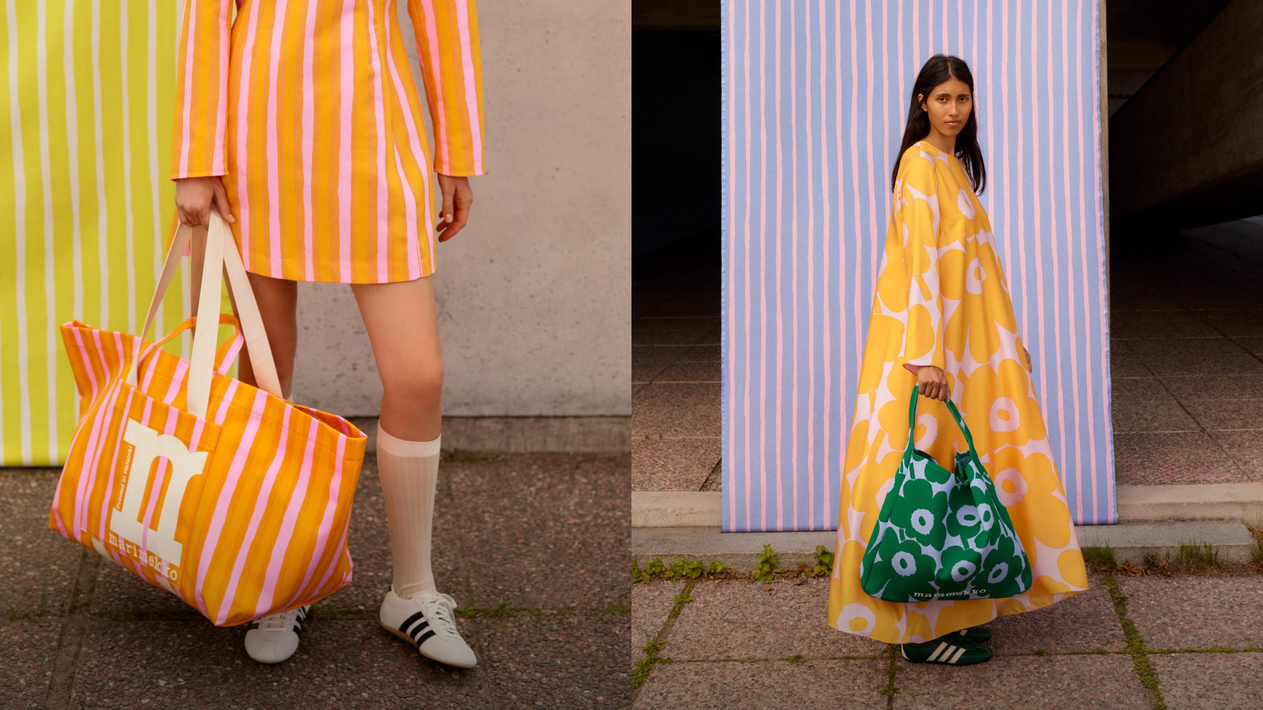 Two models wearing patterned outfits paired with Mono City Tote Piccolo and Knitted Unikko Tote bags, set against colorful striped backdrops.
