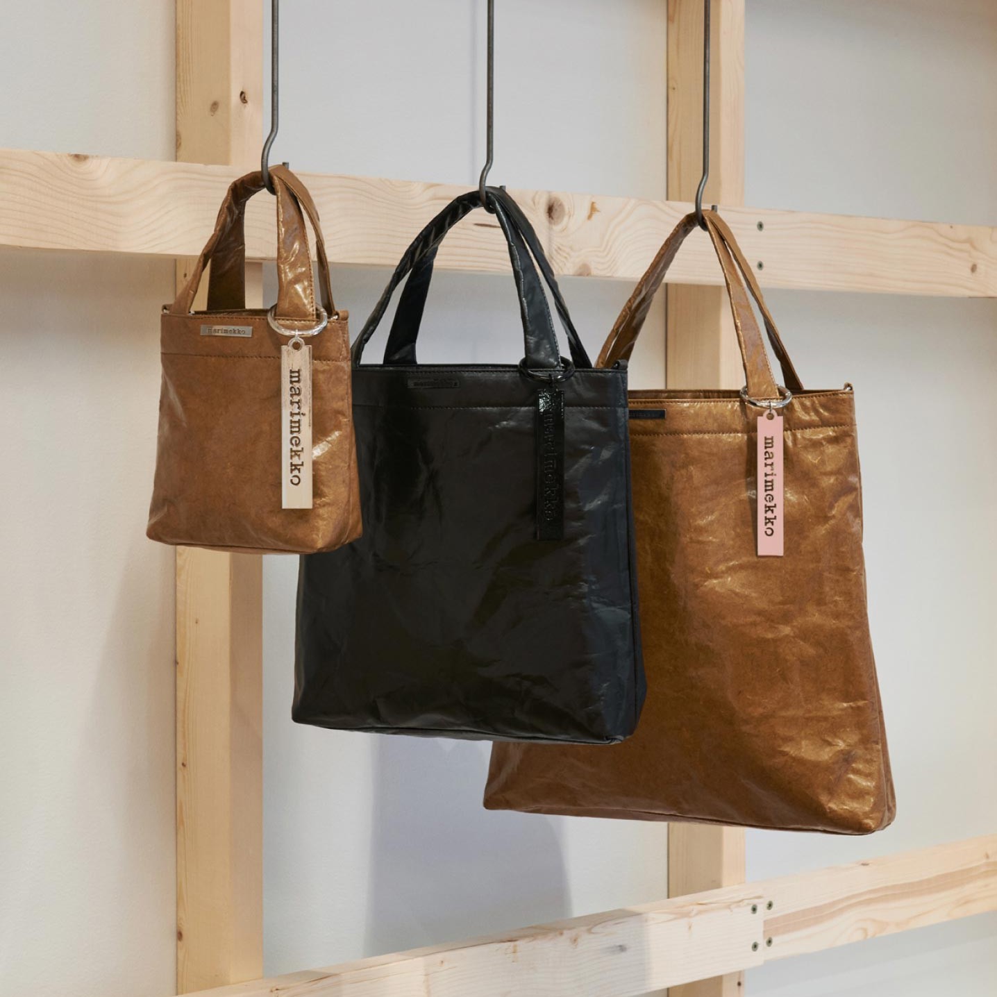 Three different sizes of the Resonance bag series on display in the Copenhagen store