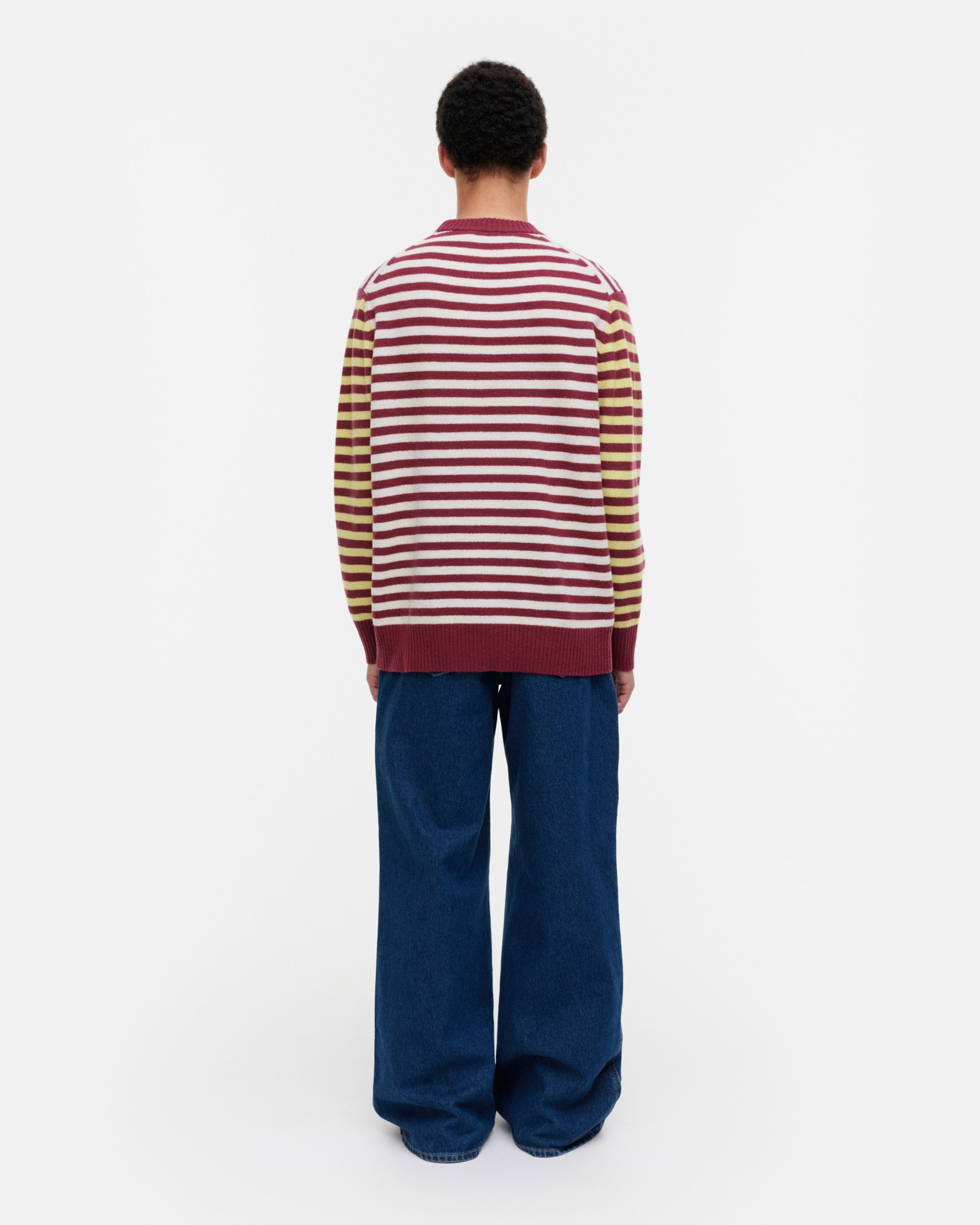 Pehmyt Tasaraita Kioski wool jumper wine red, white, yellow