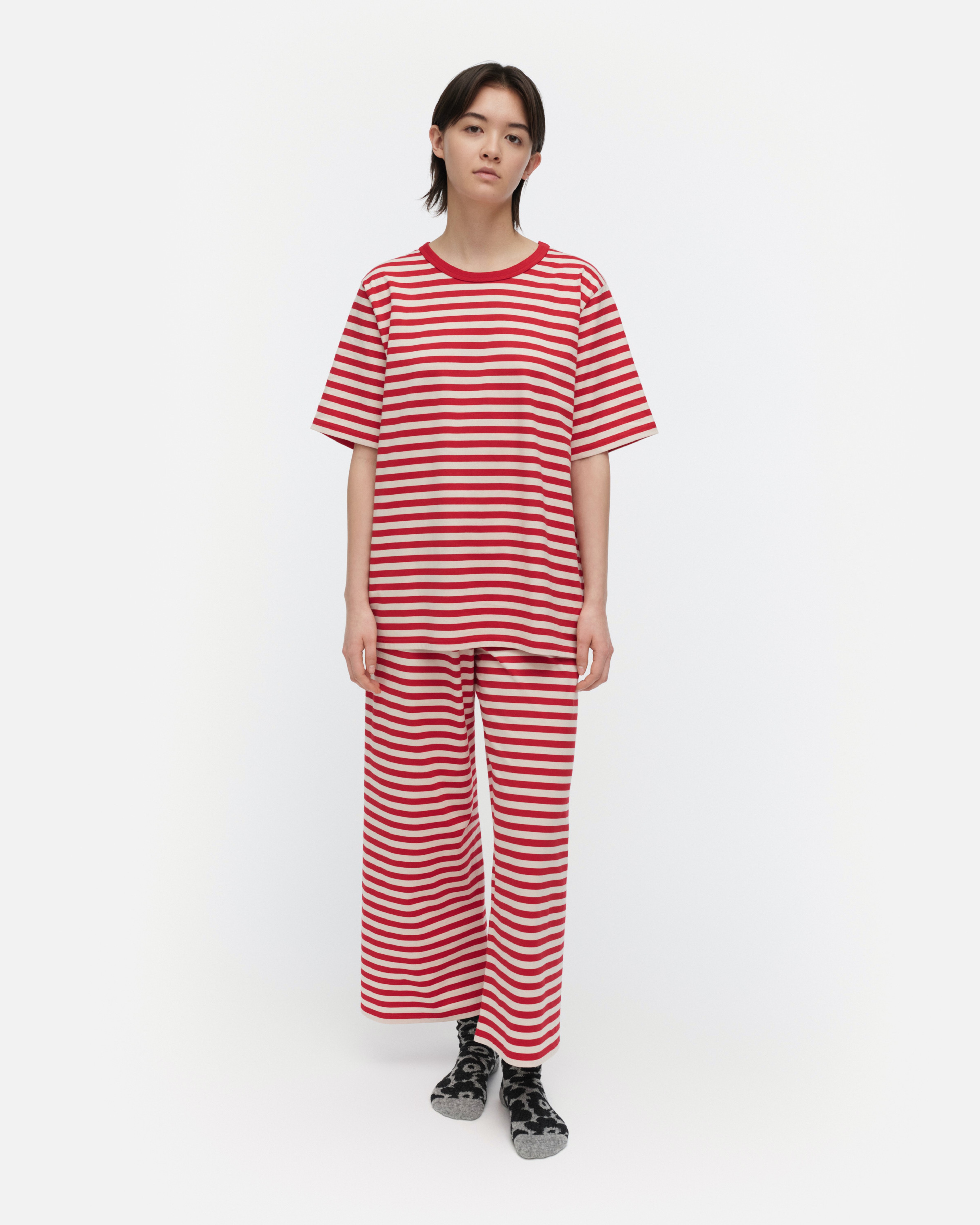 Tasaraita Unisex, T-Shirt „Kioski“, Rot, Cremeweiß,