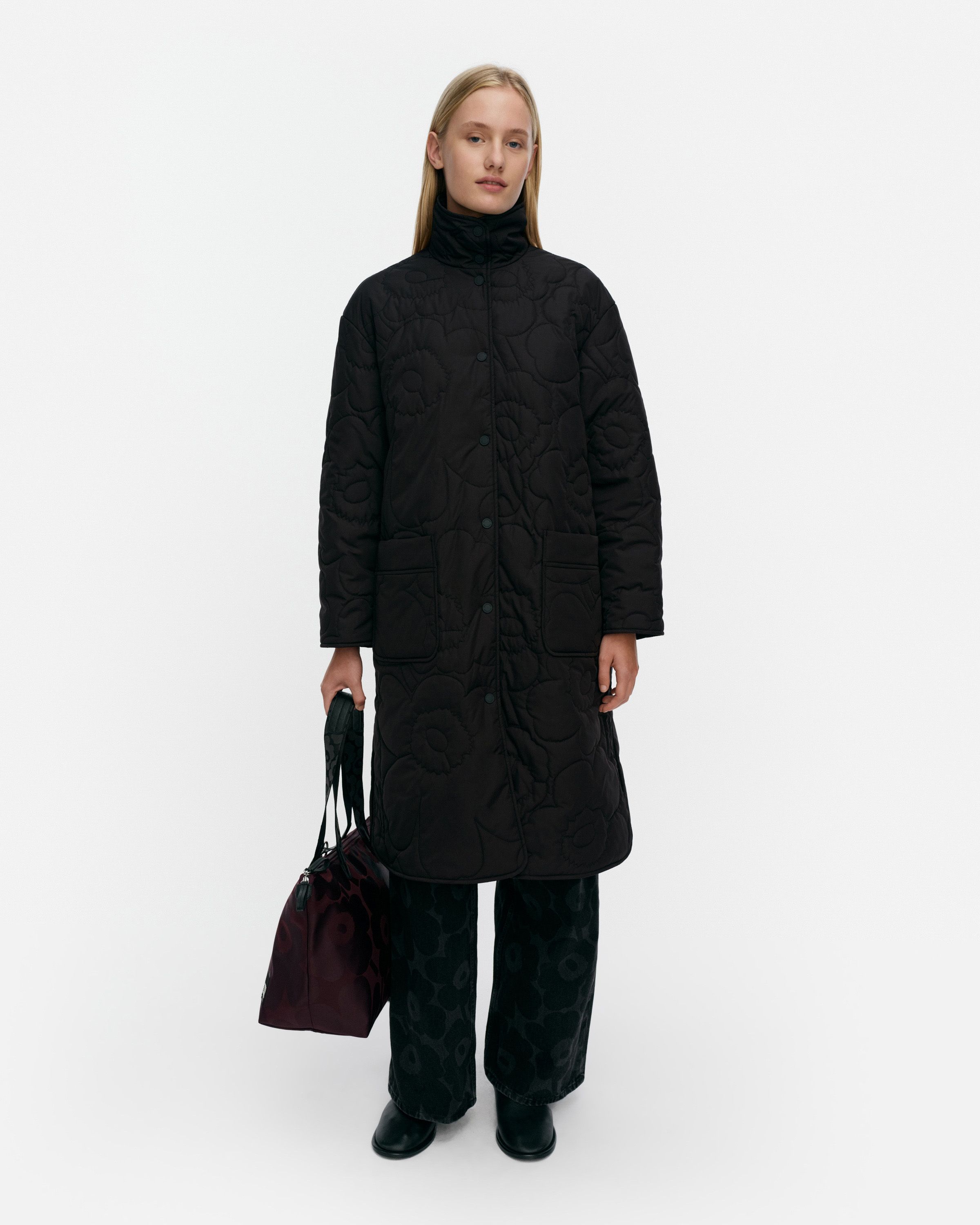 marimekko コート XL Kolppi Piirto Unikko Lightweight padded coat black, black | Marimekko