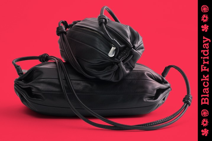 2 black Karla handbags stacked on top of each other. Image with Black Friday stripe down the right hand side of the frame