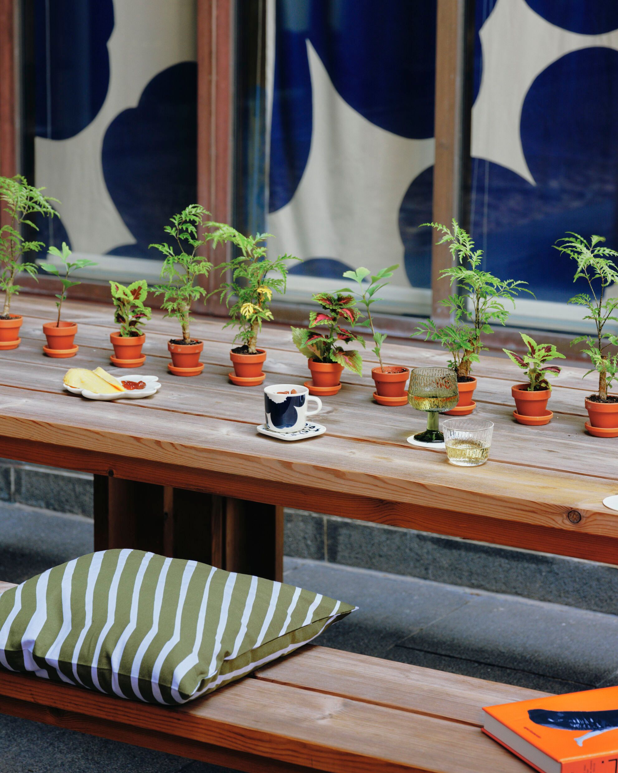 Bar Unikko's terrace is furnished with wooden tables and benches. The tables are decorated with small green plants in pots and wine and cheese in Marimekko items.