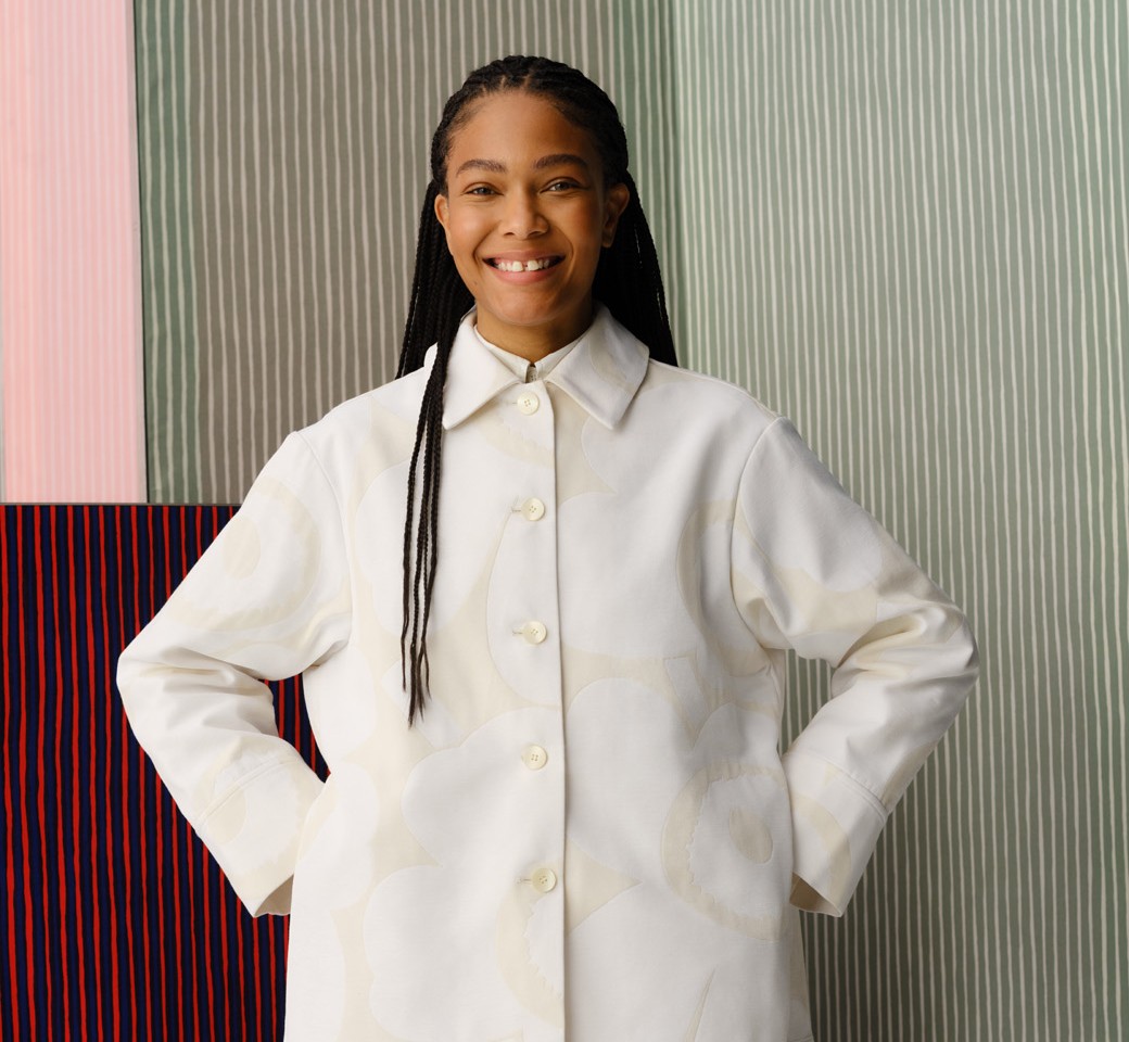 Model wearing set in Unikko print.