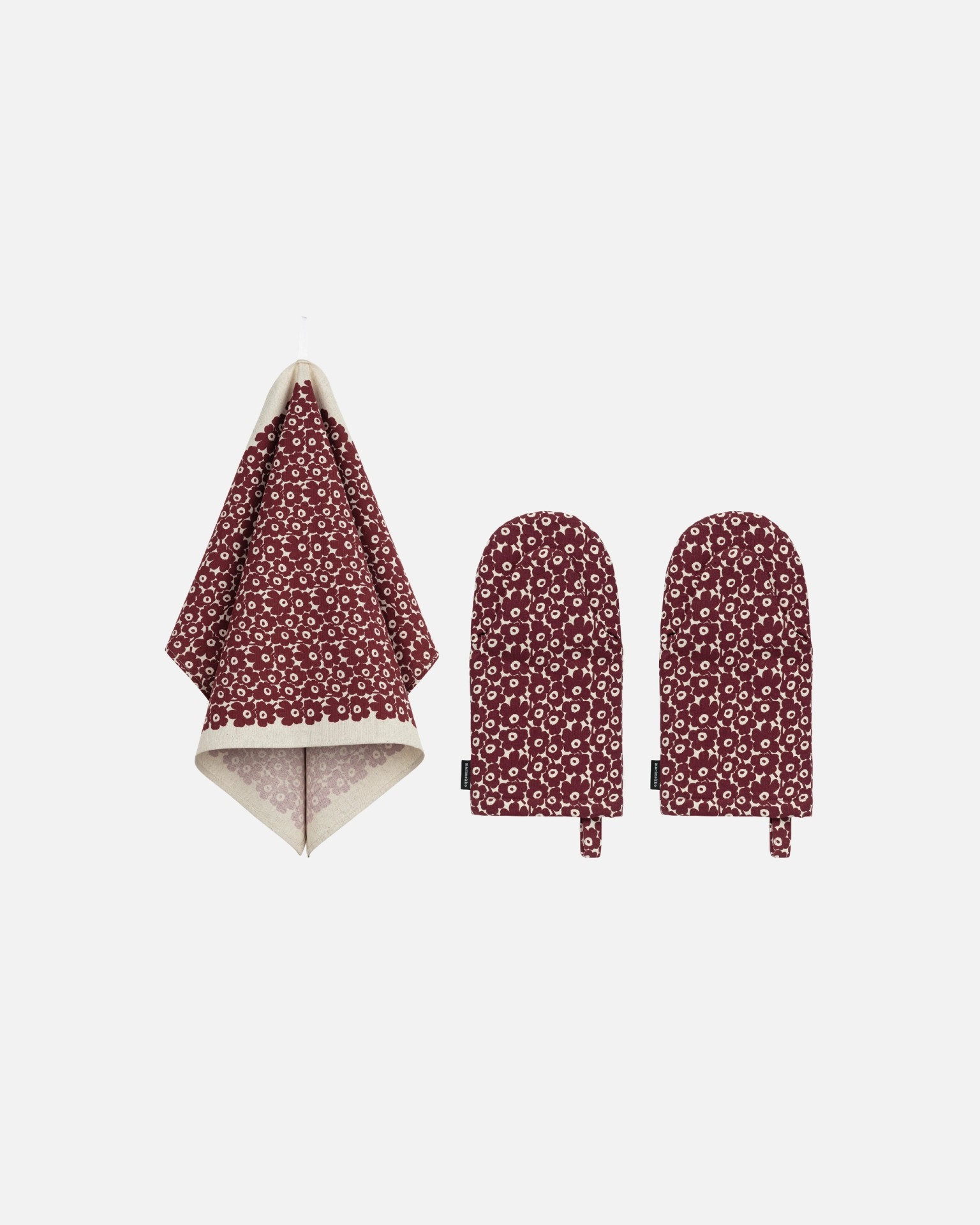 Pikkuinen Unikko, Kitchen textile set, linen, burgundy,