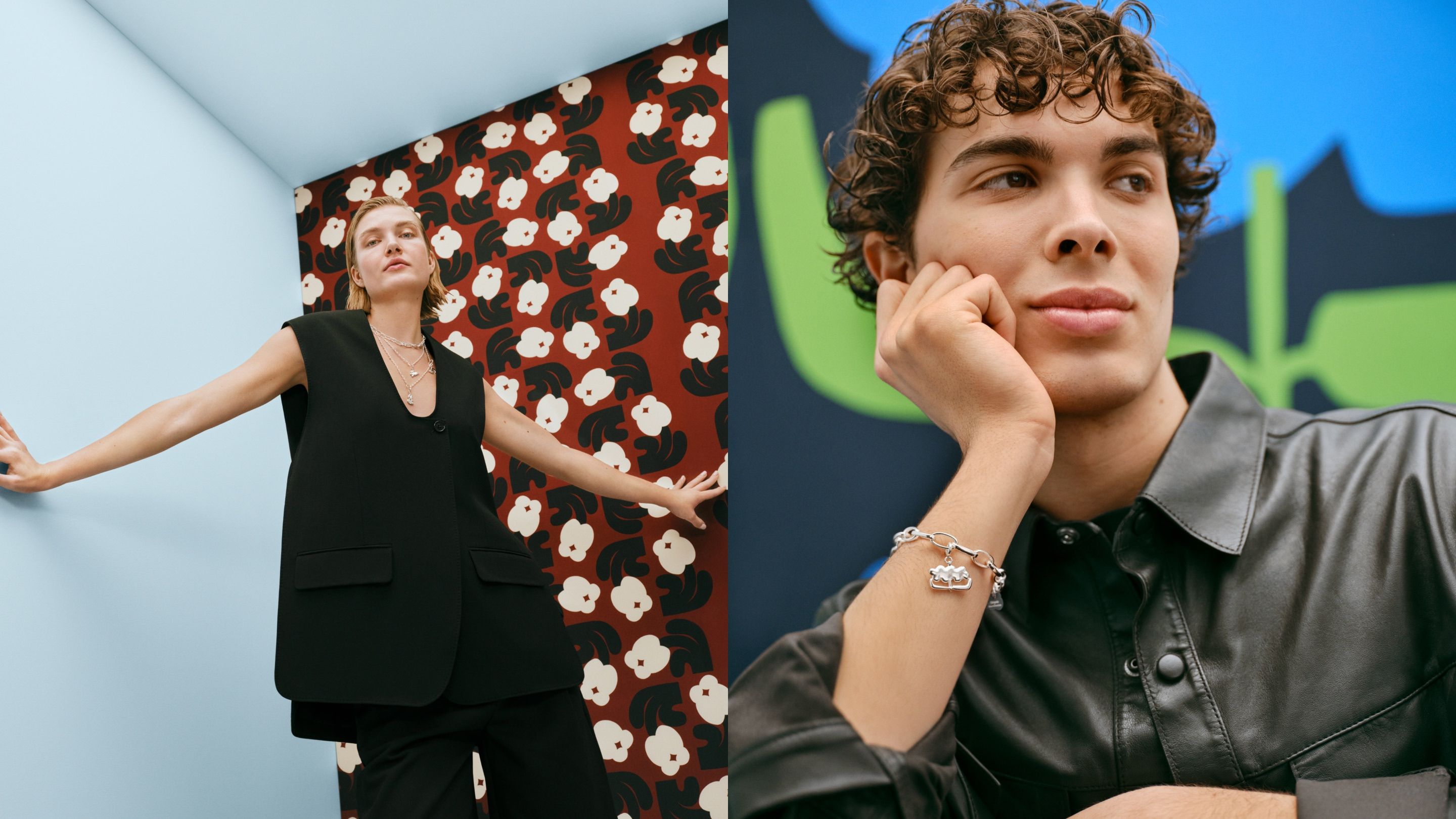 Two photos: first one has a model posing in a corner with Kalevala x Marimekko necklace and the other one has a close up of a model posing with Kalevala x Marimekko Garden bracelet.