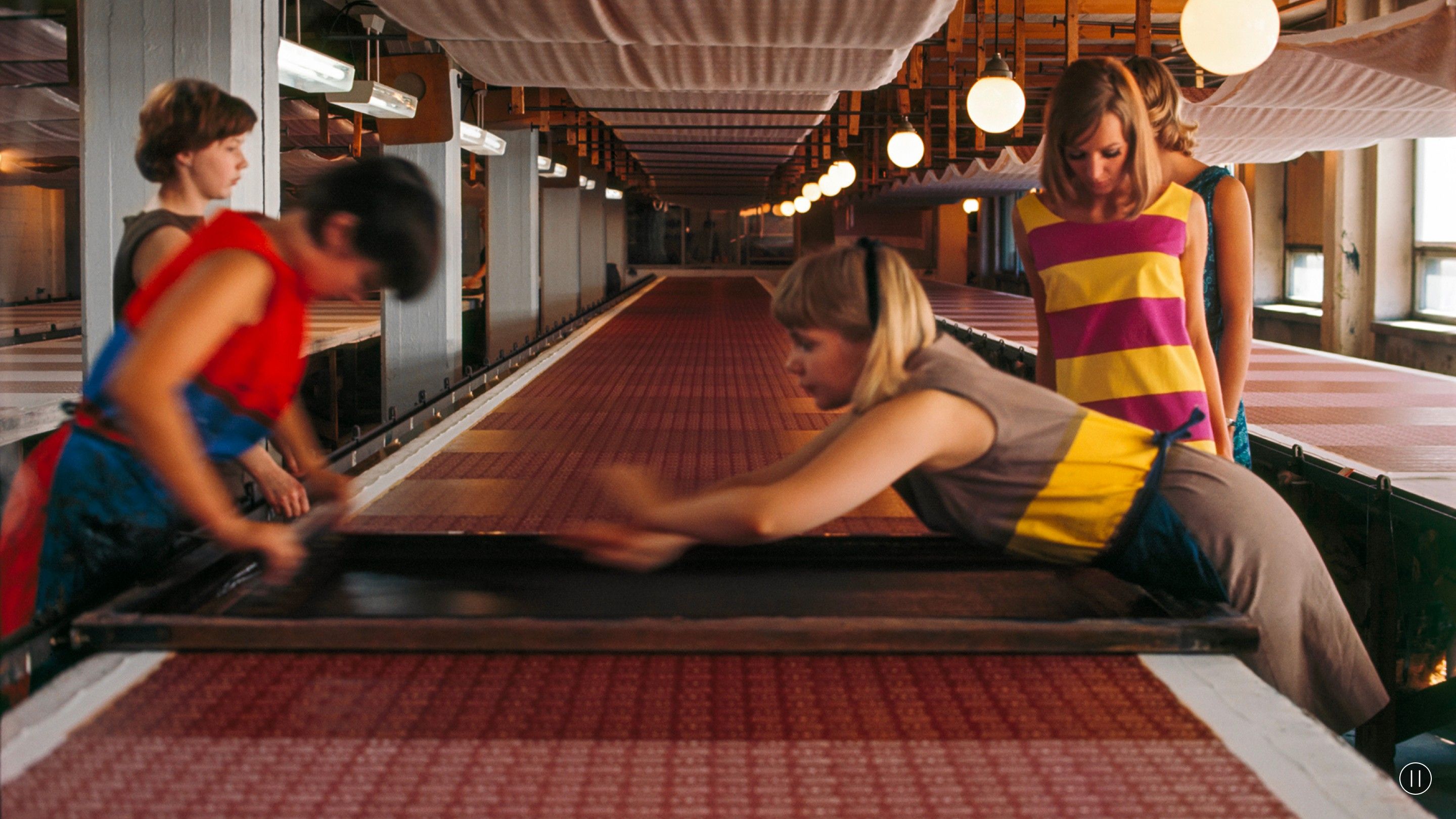 Photo by Tony Vaccaro of Marimekko fabrics being printed by hand.