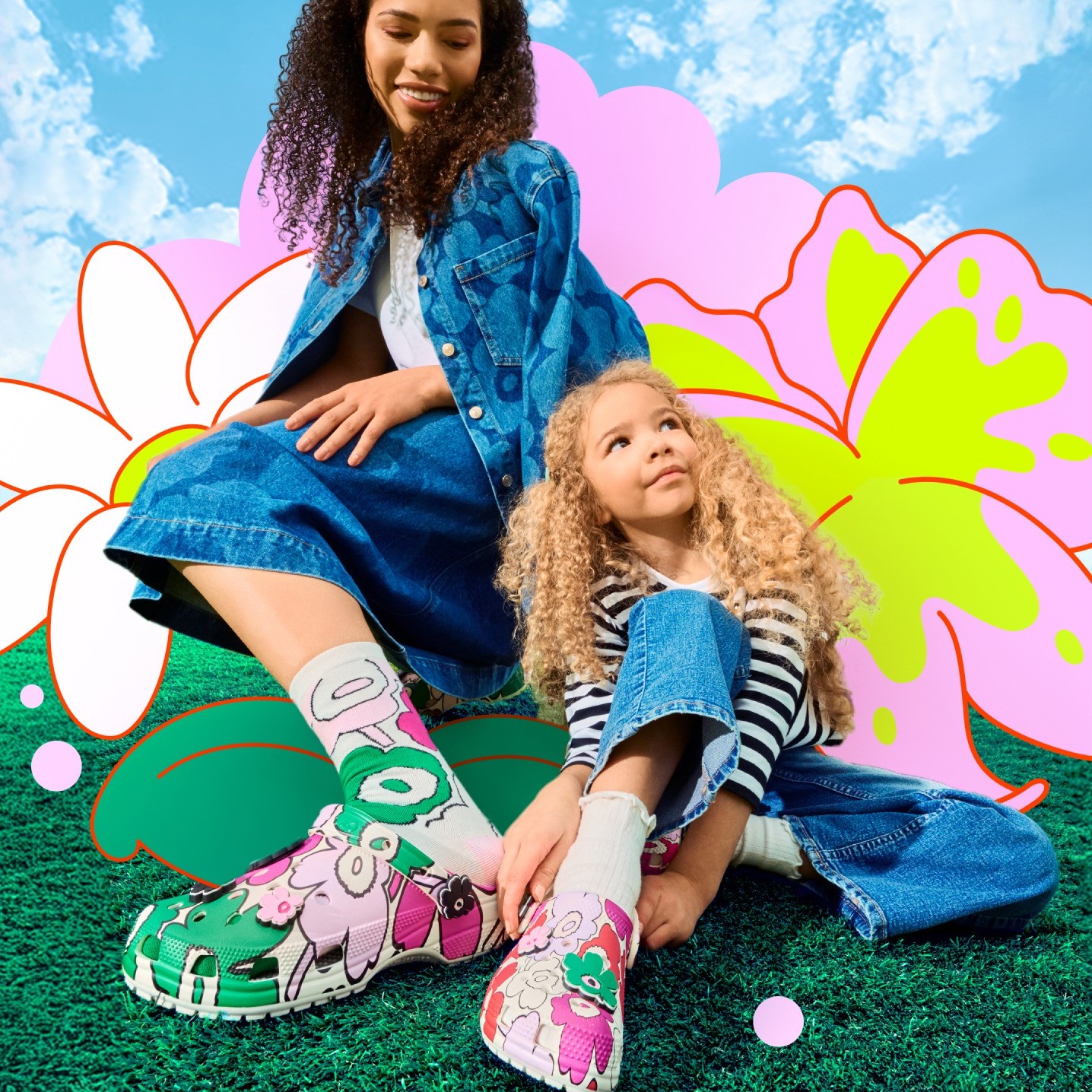 Models wearing Marimekko Crocs