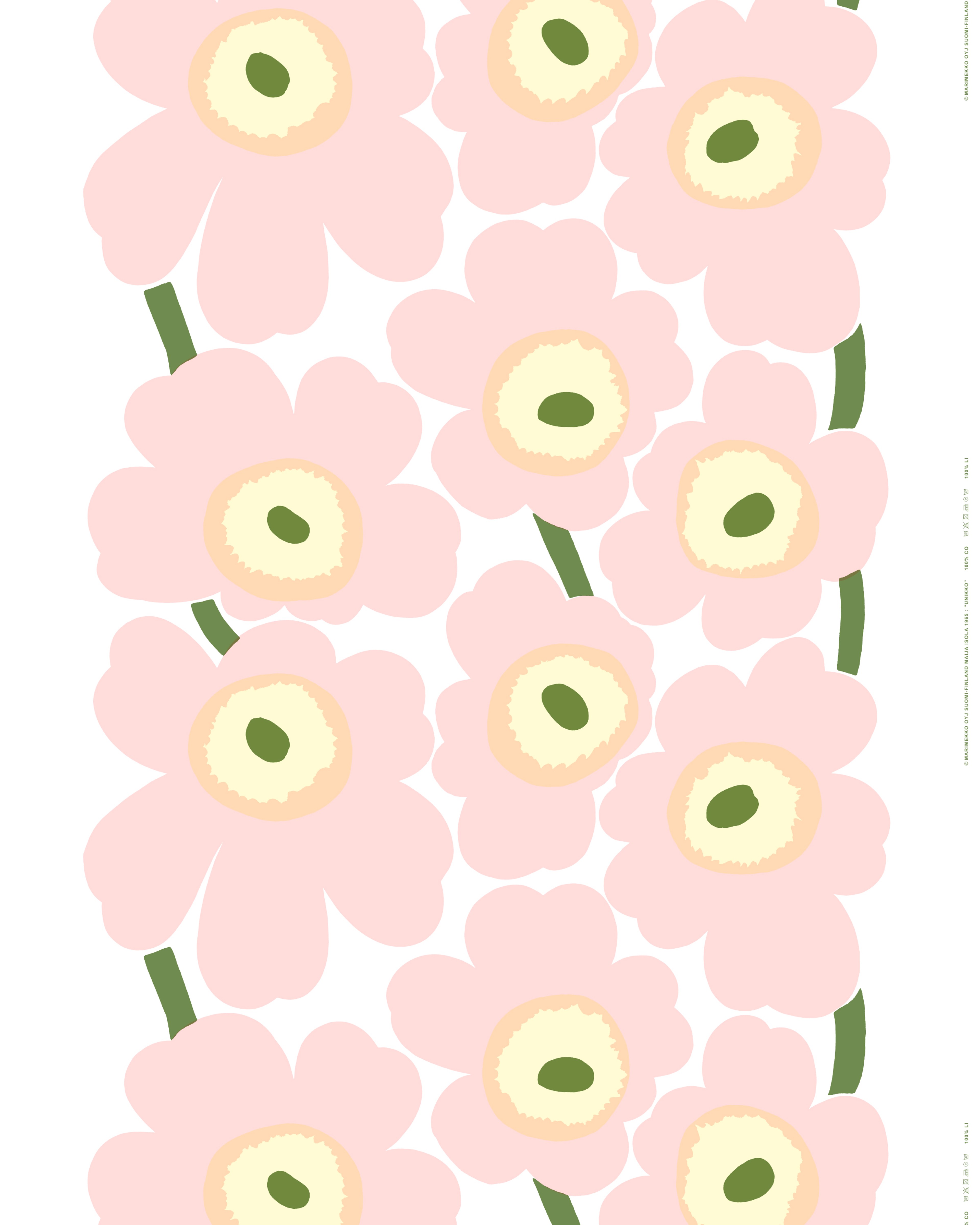 Unikko, Cotton sateen fabric, natural white, pink, l.yellow,