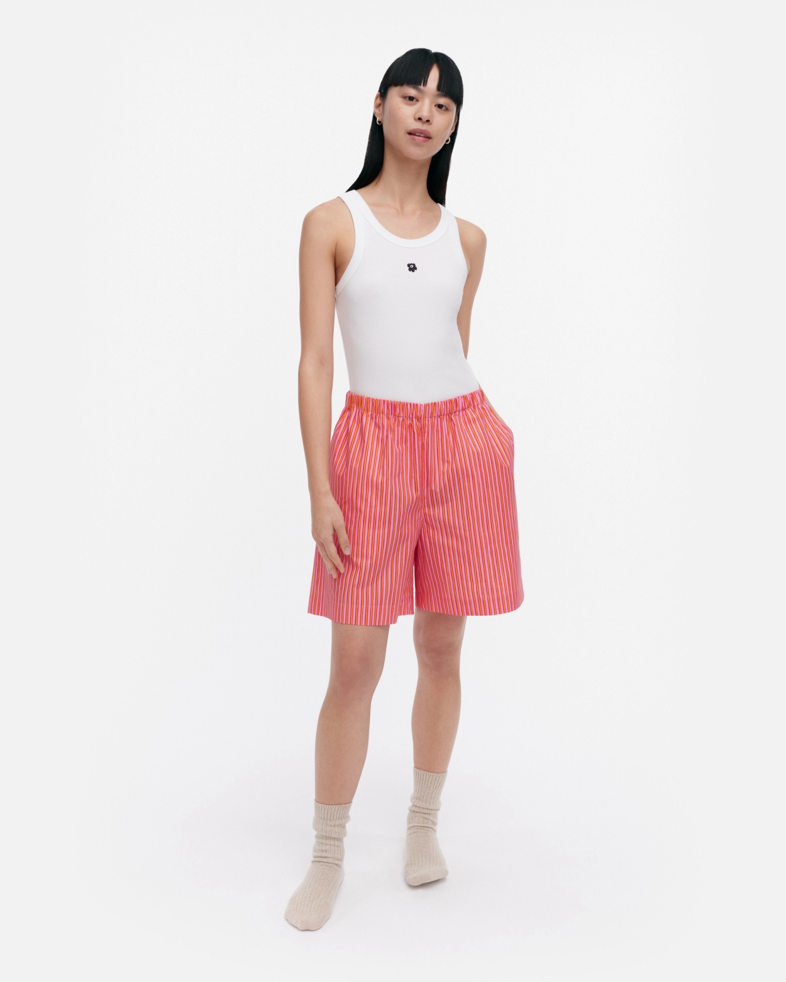 Tauko Rastas / Laila Gohar for Marimekko, Pajama shorts, light pink, red, yellow,
