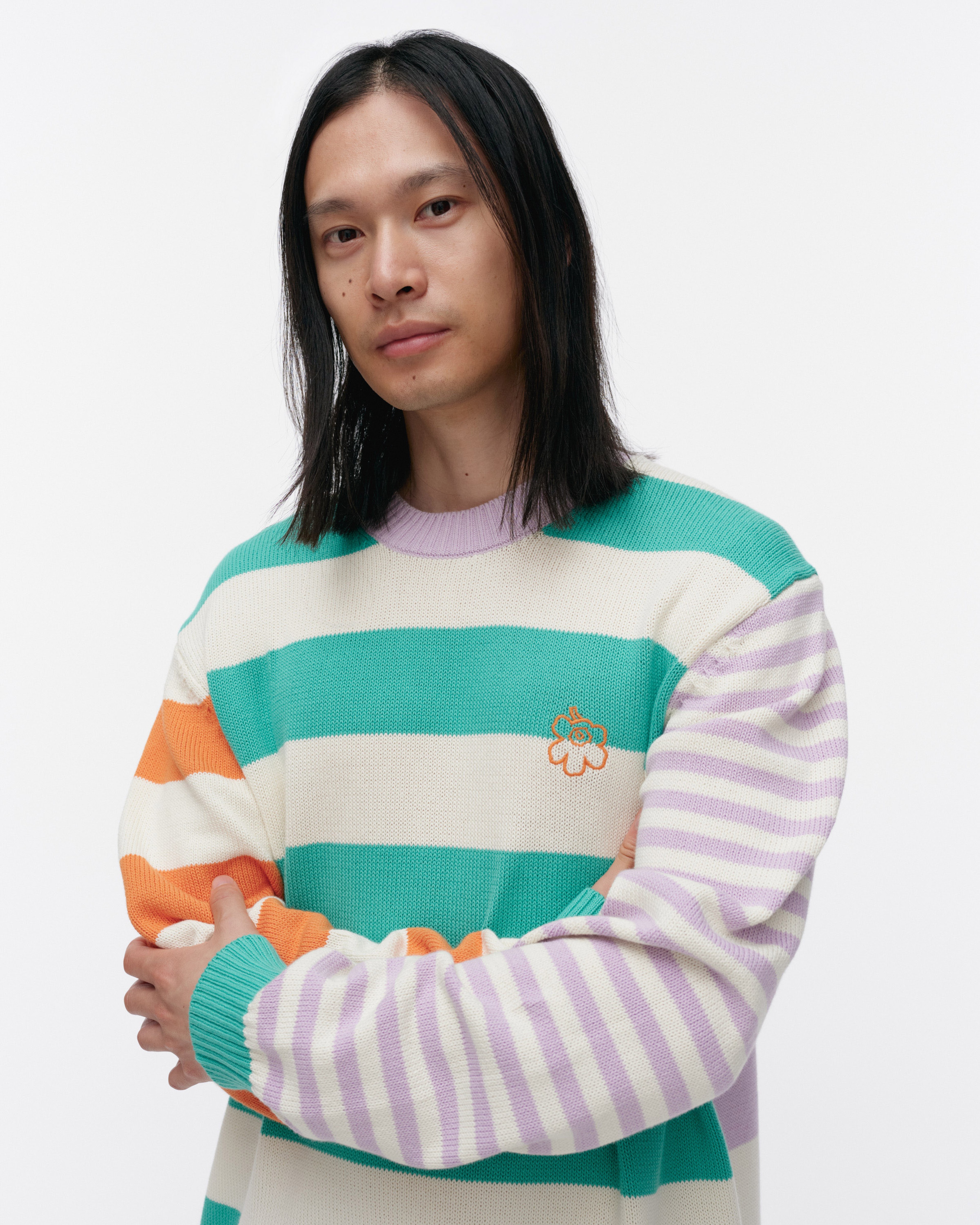 Kesäkoju Maalis Patja, Kioski knitted cotton pullover, off white, green, lilac,