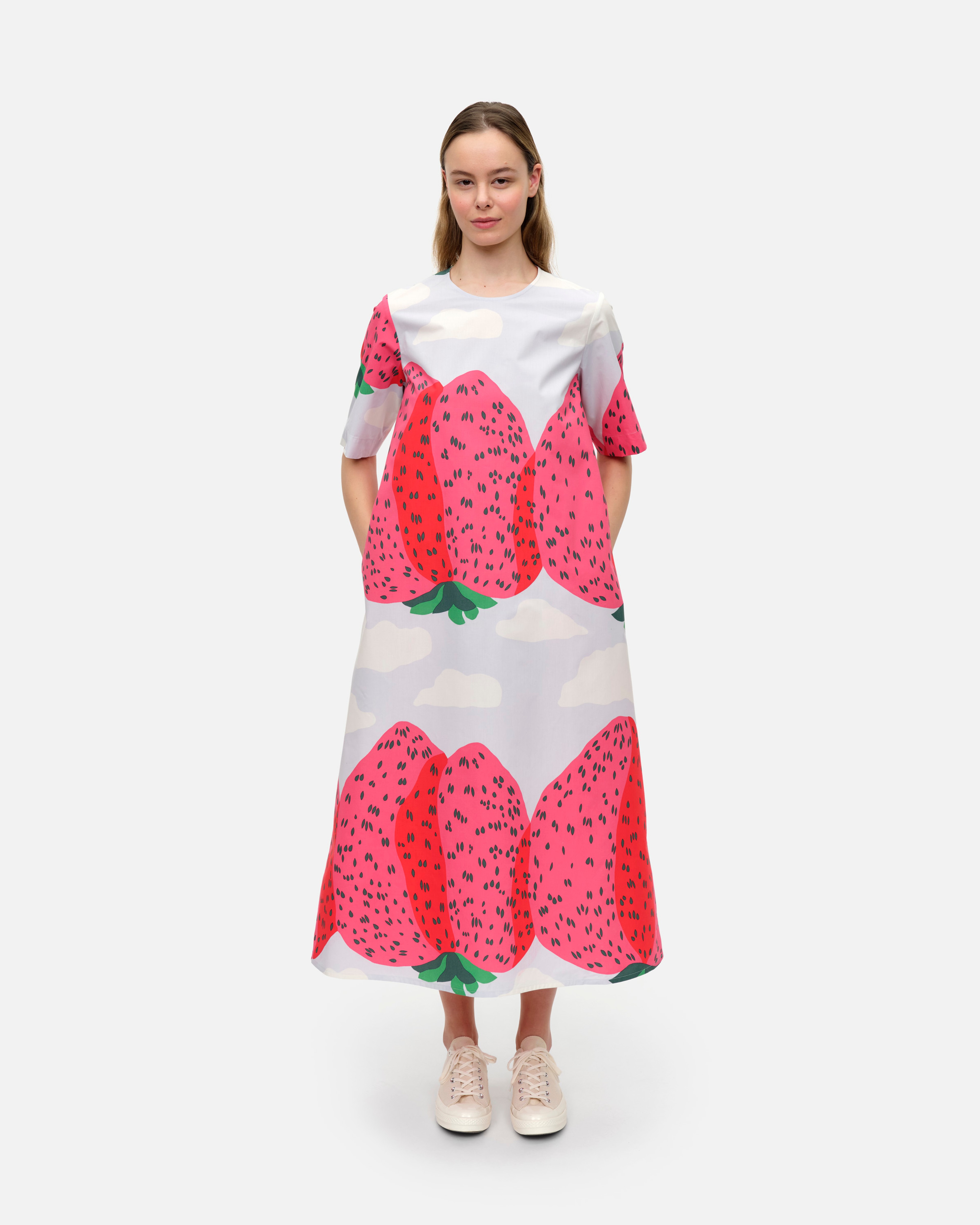 Kotelo Mansikkavuoret, Cotton poplin dress, light blue, pink, green,