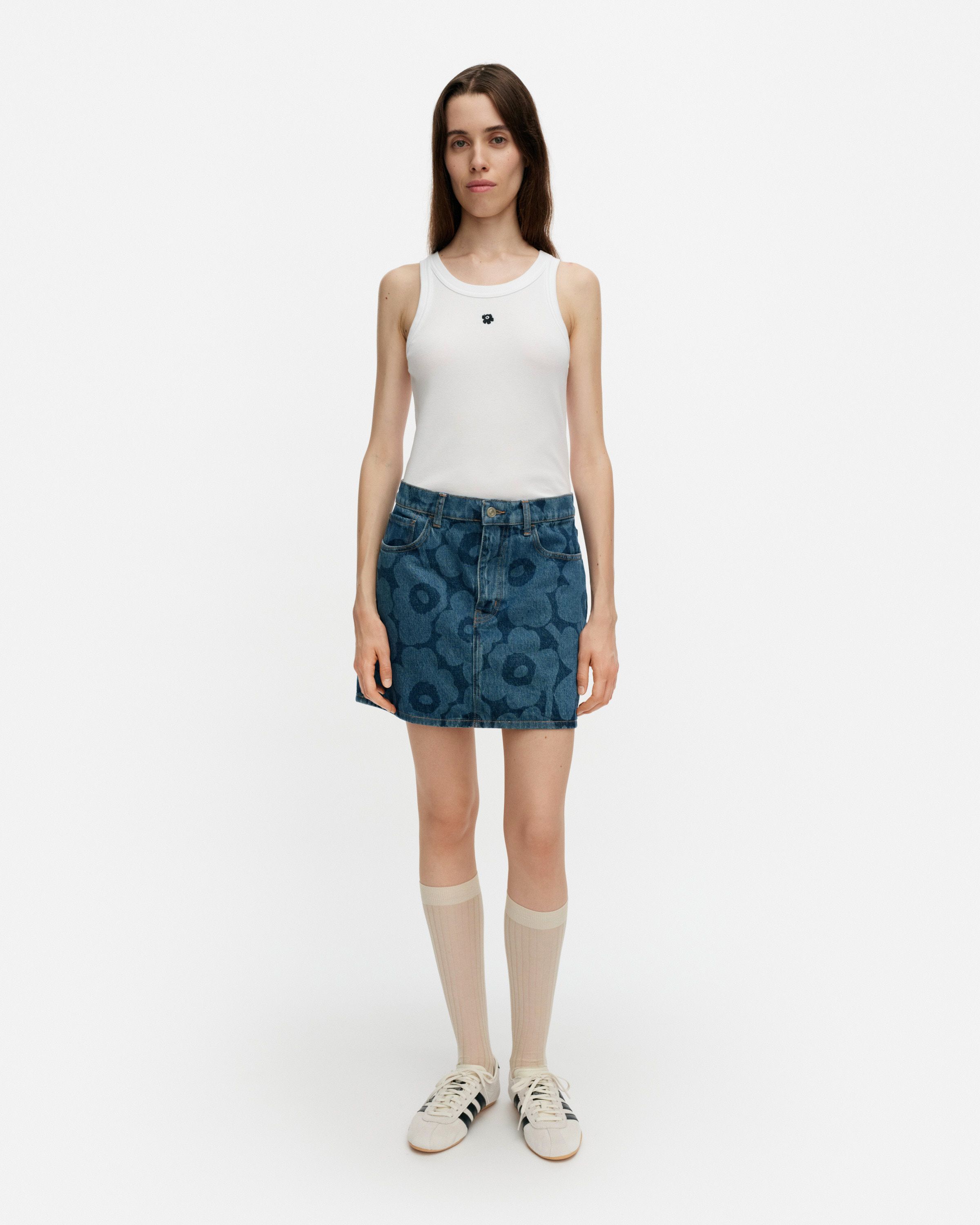 Maridenim Ruudut Unikko Denim skirt mid indigo | Marimekko